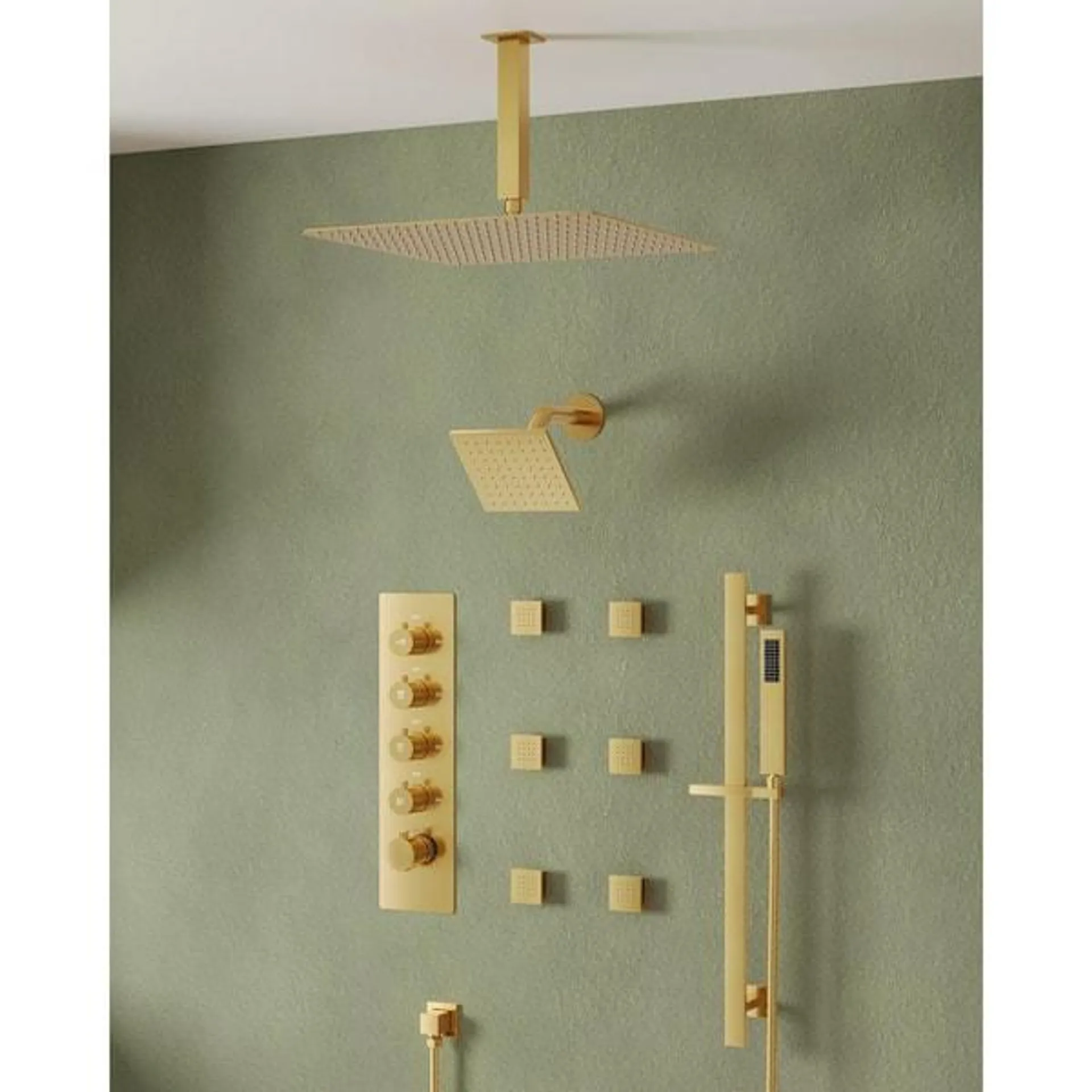 13-Spray Patterns 16 and 6 in. Ceiling Mount Dual Shower Head and Handheld Shower Head 2.5 GPM in Brushed Gold