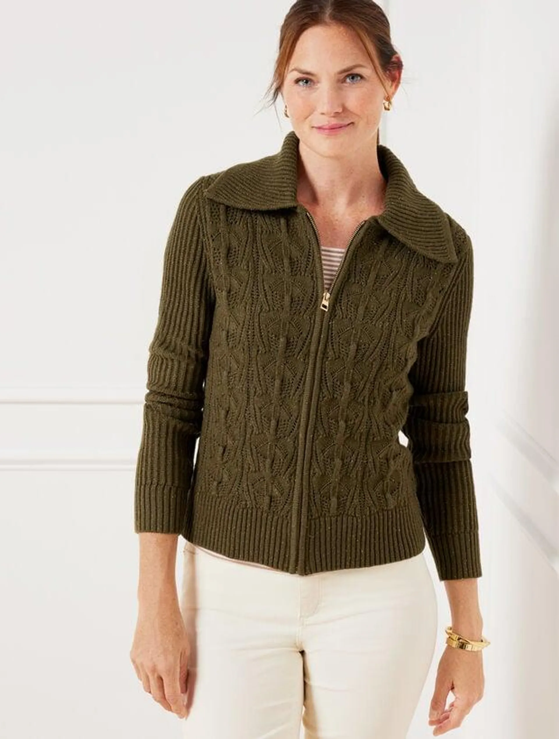 Pointelle Knit Sweater Jacket - Tweed