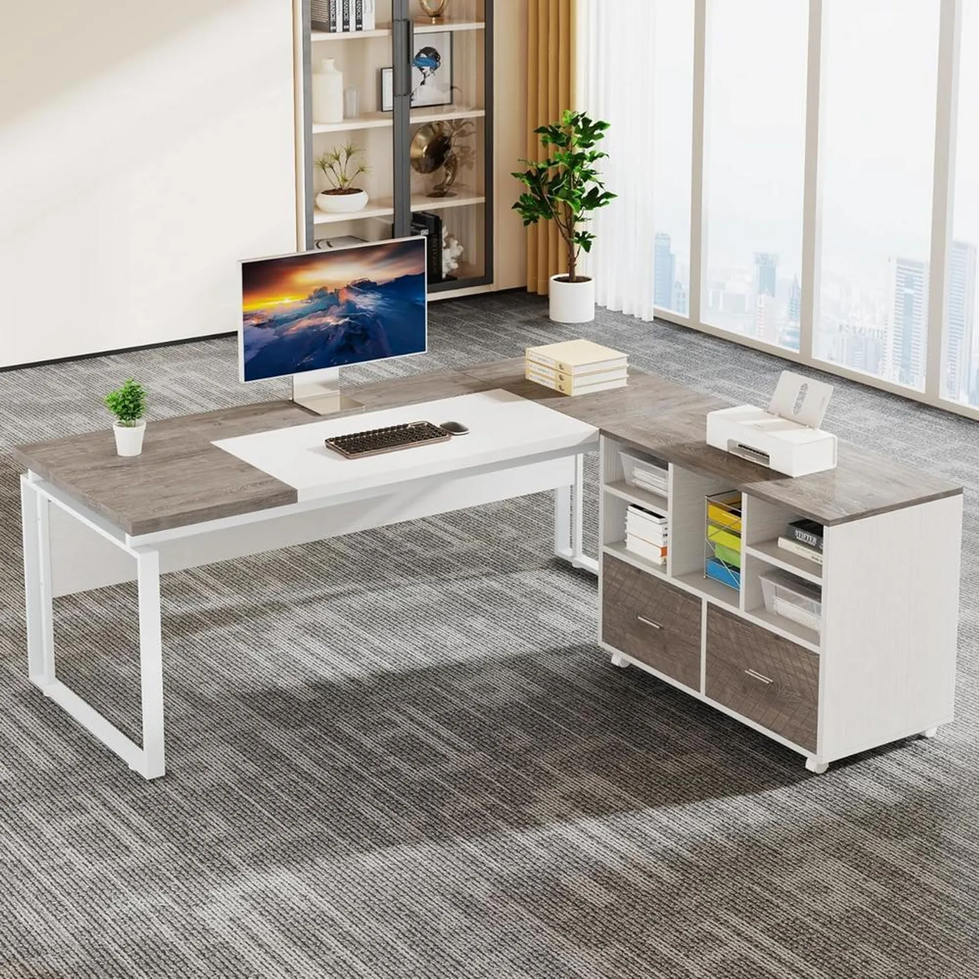 Tribesigns L-Shaped Executive Desk with Cabinet, 63" Office Desk with Drawers, L-Shaped Computer Desk with Drawer Cabinet Gray