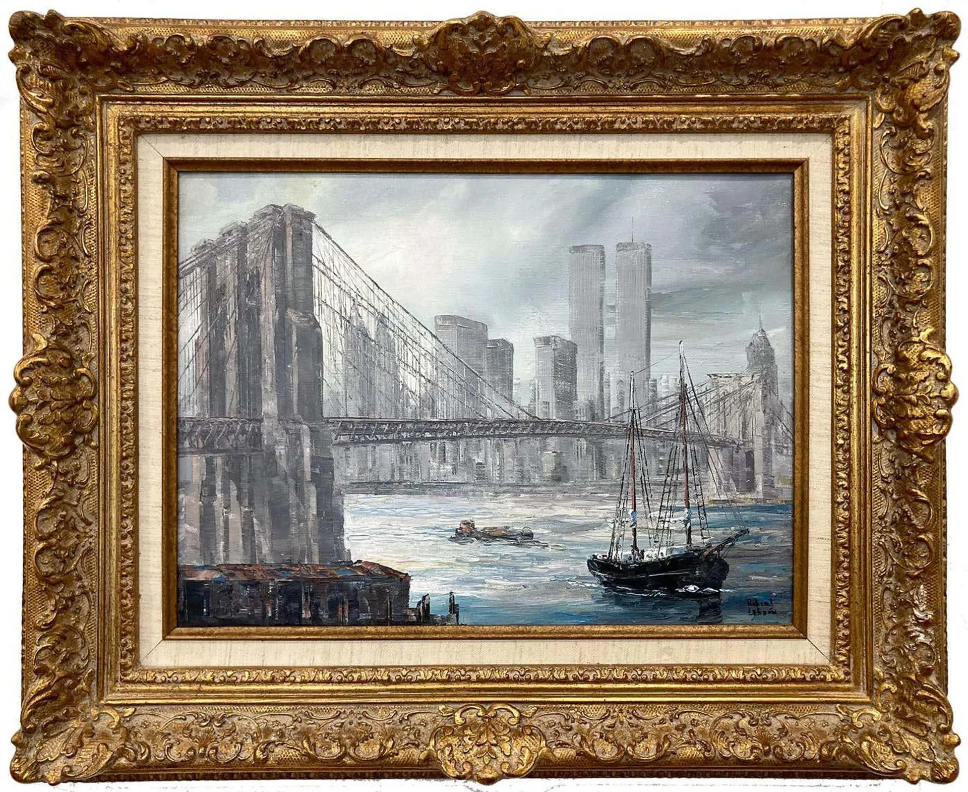 Robert Lebron"Manhattan Skyline" View of Brooklyn Bridge Impressionist Scene Oil Painting 20th Century