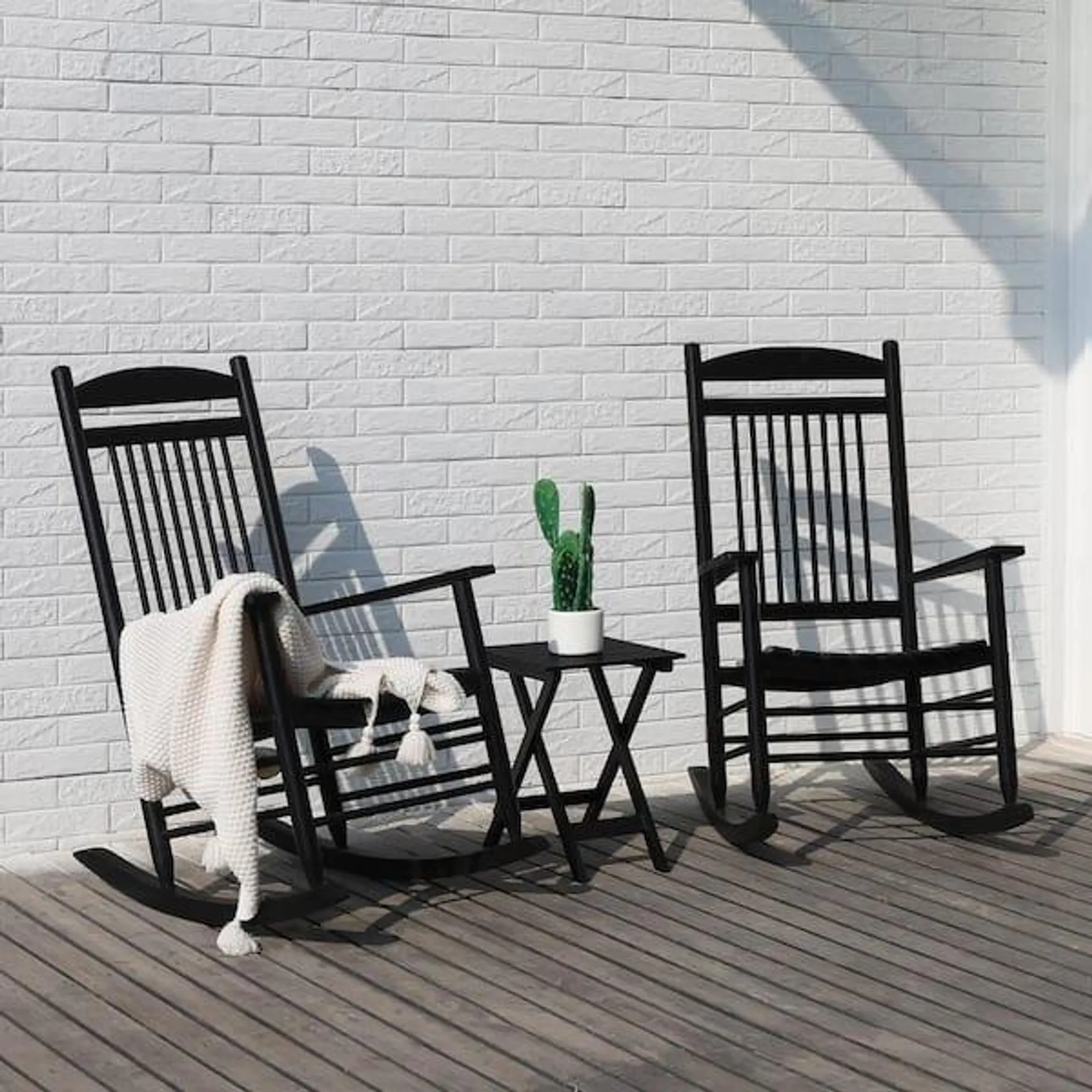 Black Wooden Patio Outdoor Rocking Chair Set (3-Pieces)