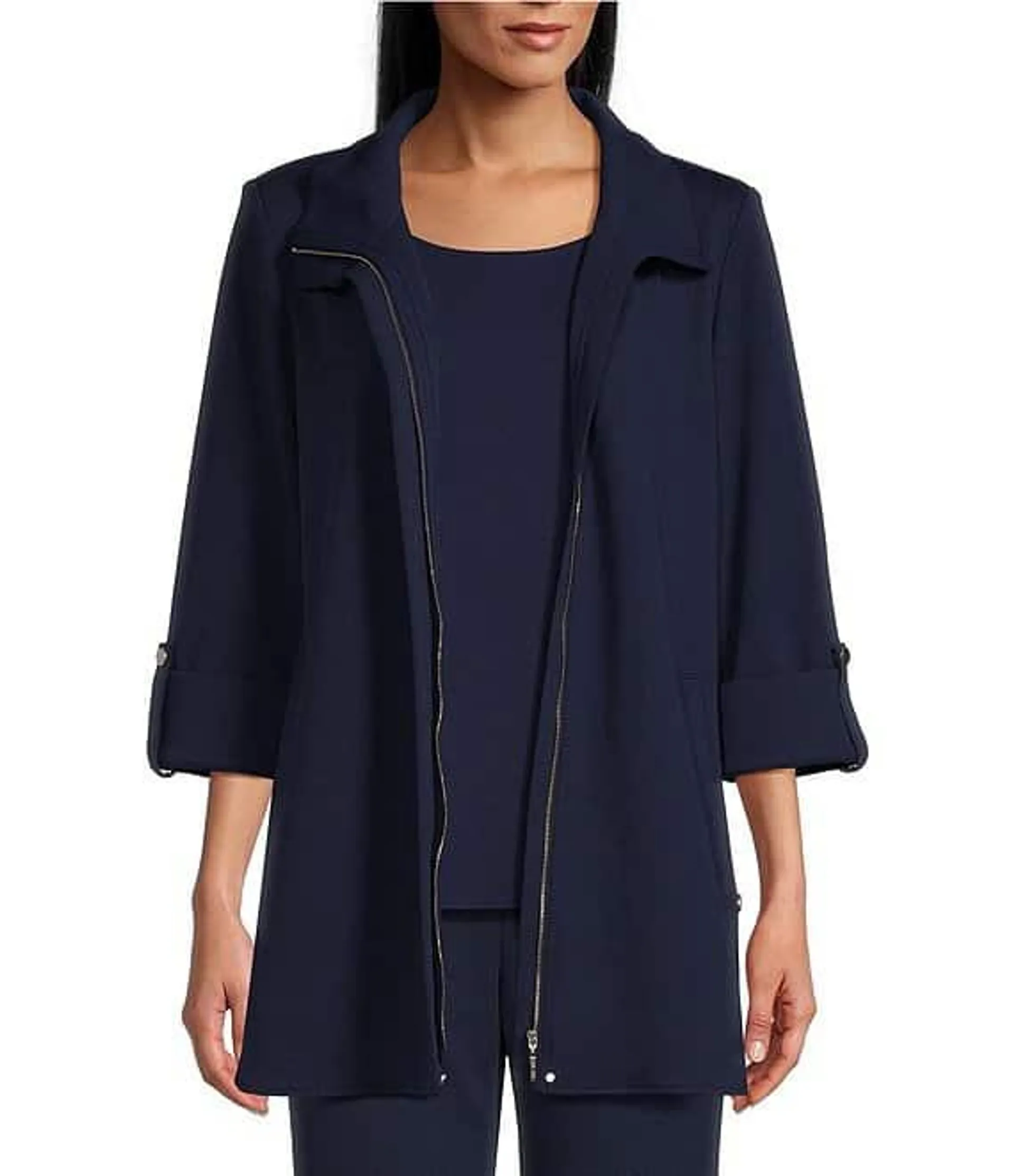 Deco Crepe 3/4 Sleeve Zip Front Jacket