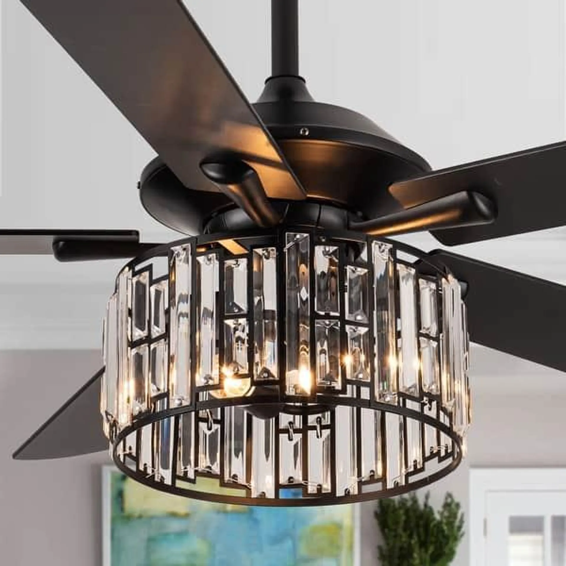 52" Black Wood 2-Light Modern Crystal Ceiling Fan Chandelier with Remote