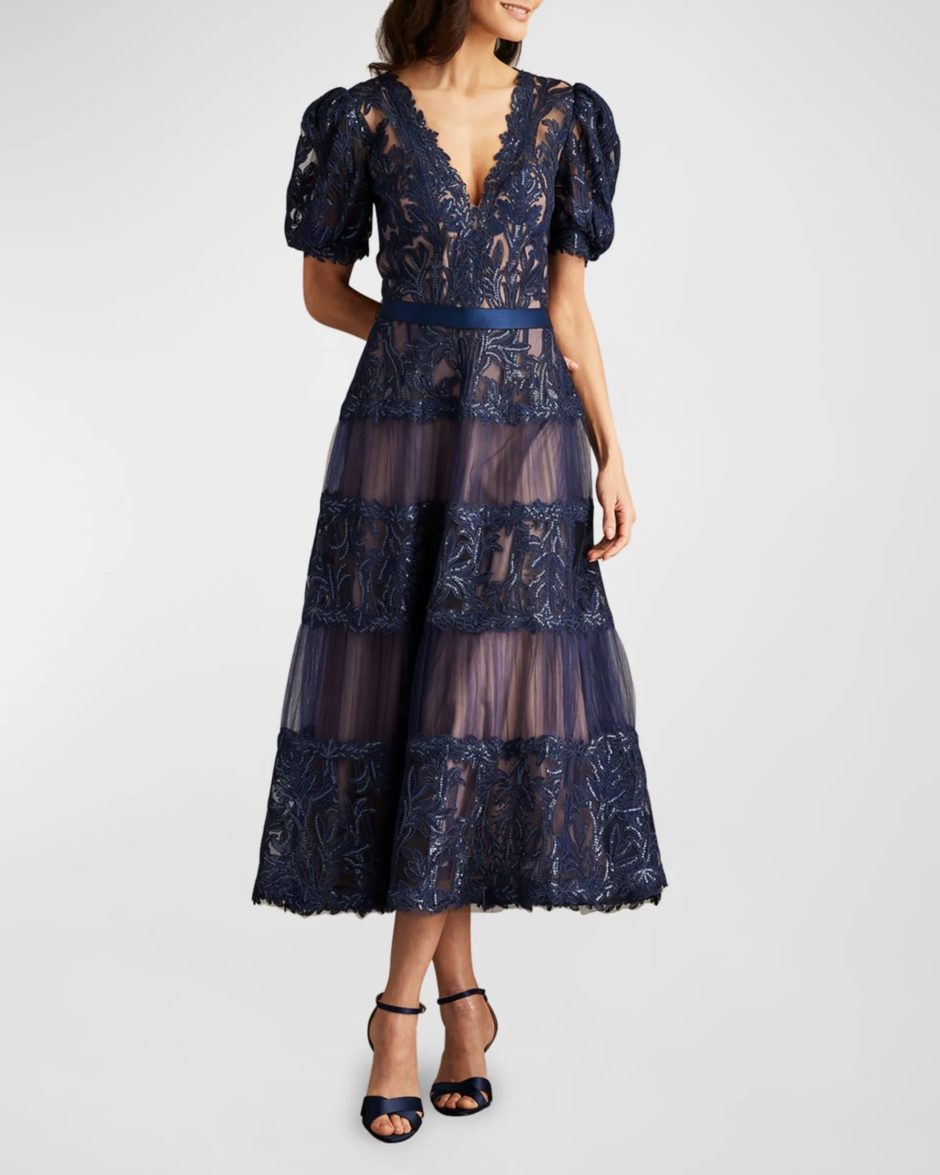 Tiered Puff-Sleeve Sequin Lace Midi Dress