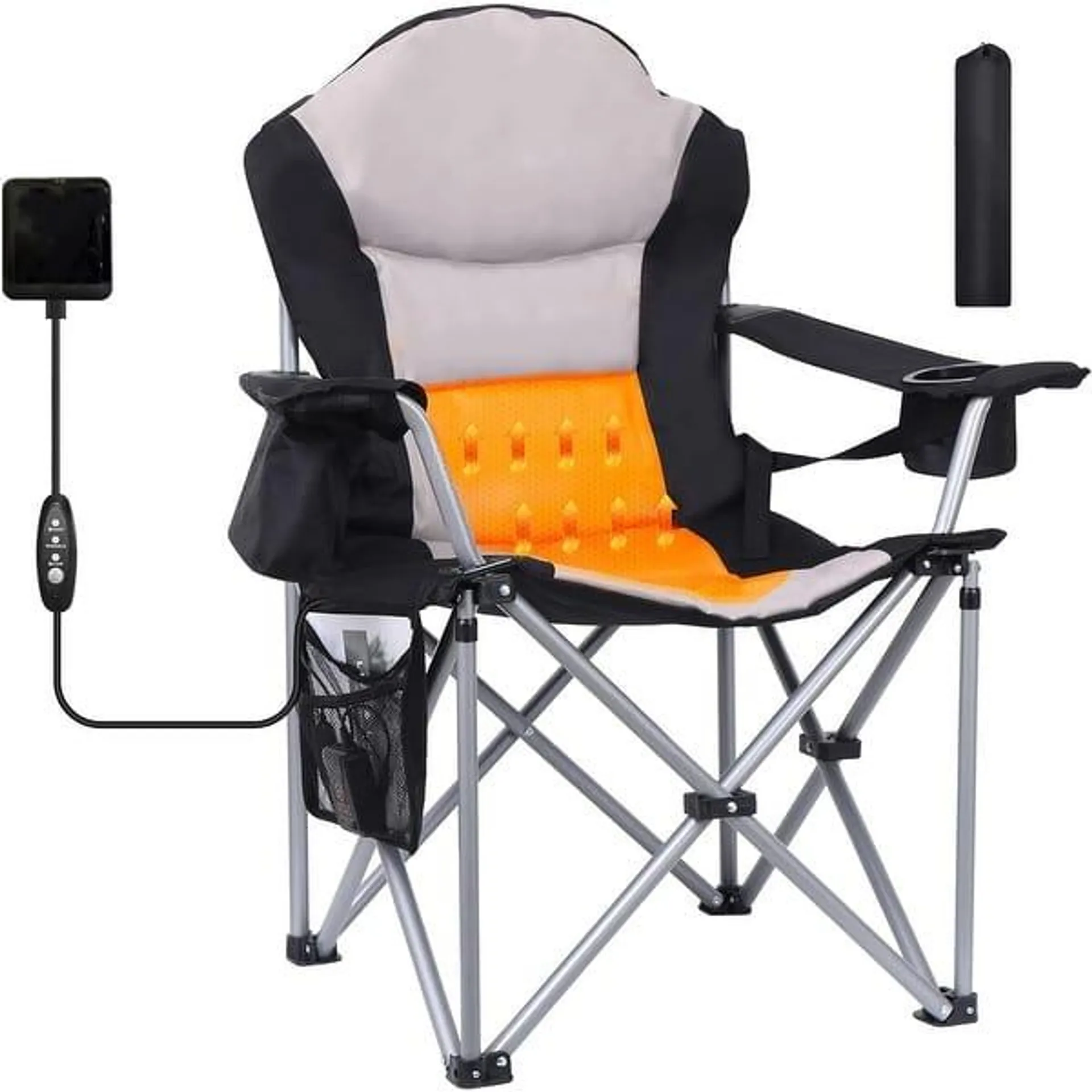 Heated Camping Chair, Folding Chair Camping Heated Chair, Adjustable Chair Back, Cooler Bag, Cup Holder and Zippered Holder