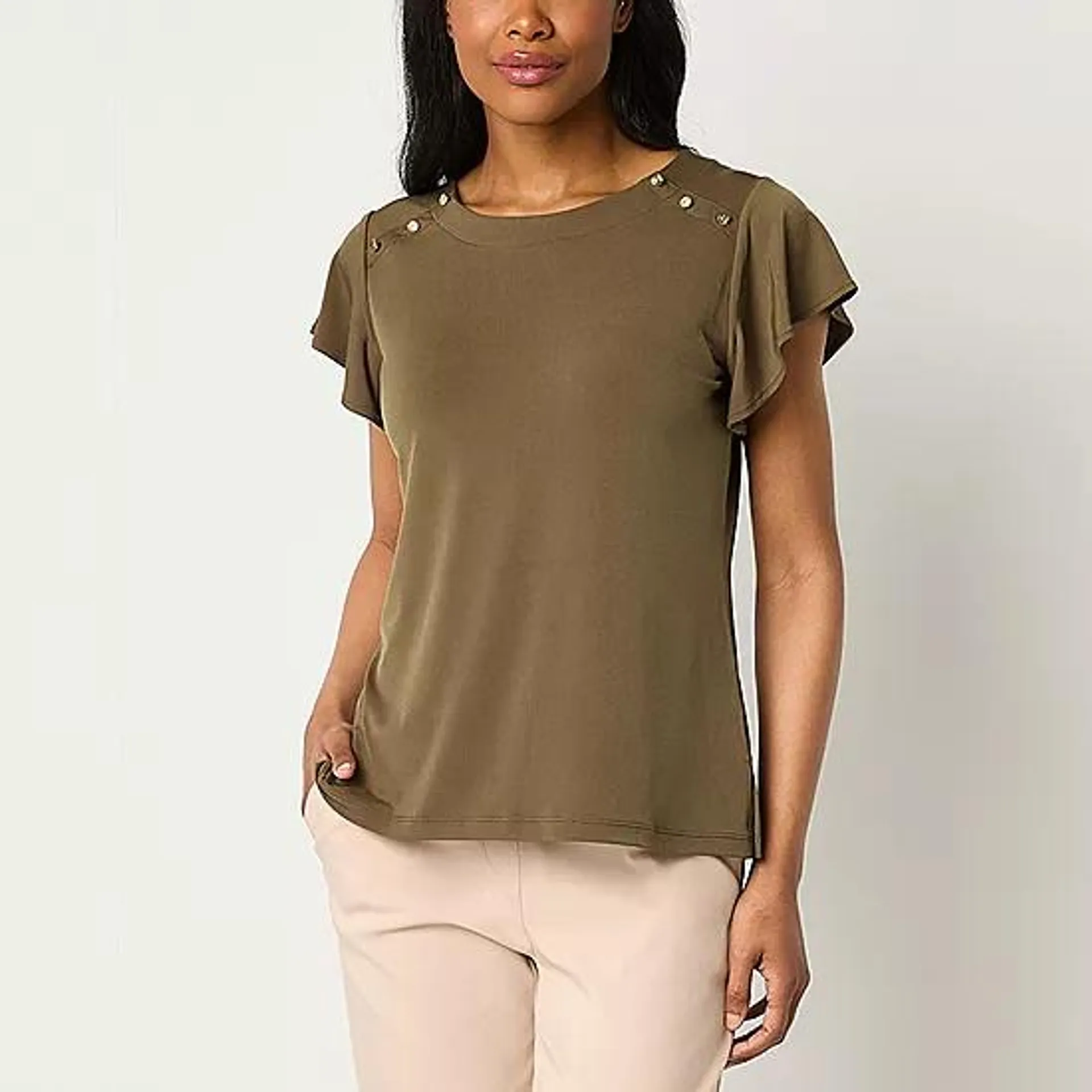 Liz Claiborne Womens Round Neck Short Sleeve Blouse