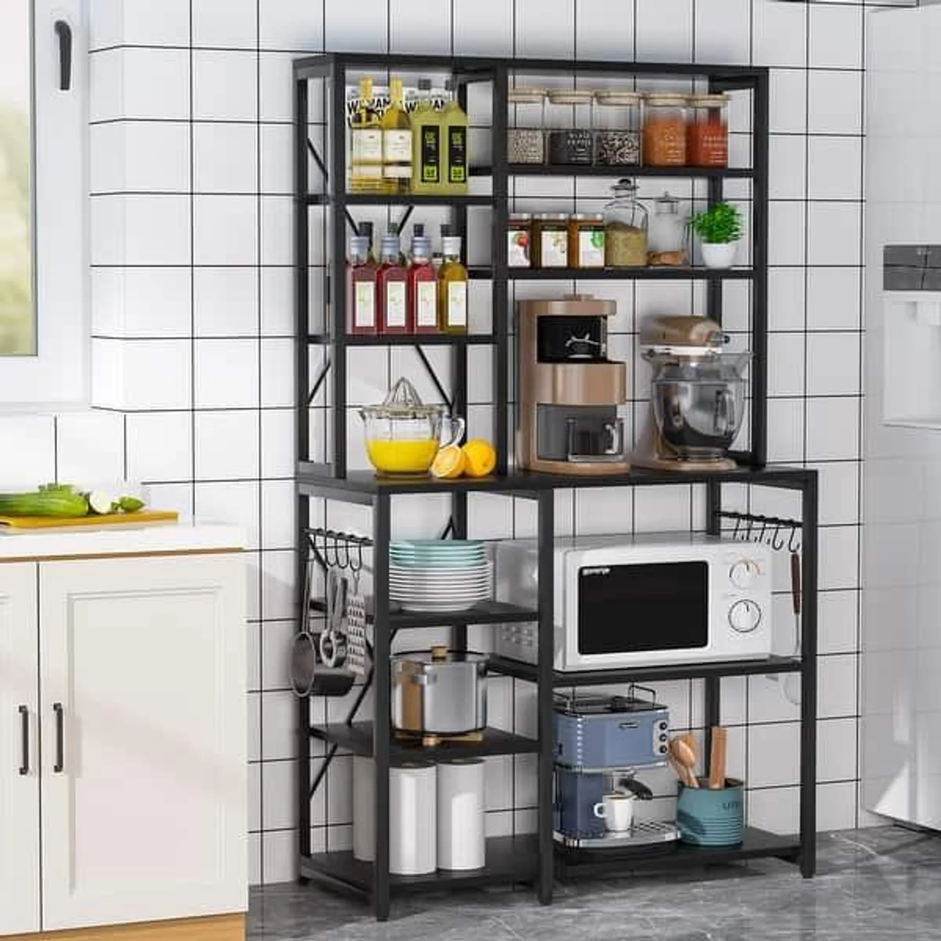 5 Tier Kitchen Bakers Rack with Storage Shelves, Microwave Oven Stand Kitchen Shelf Organizer