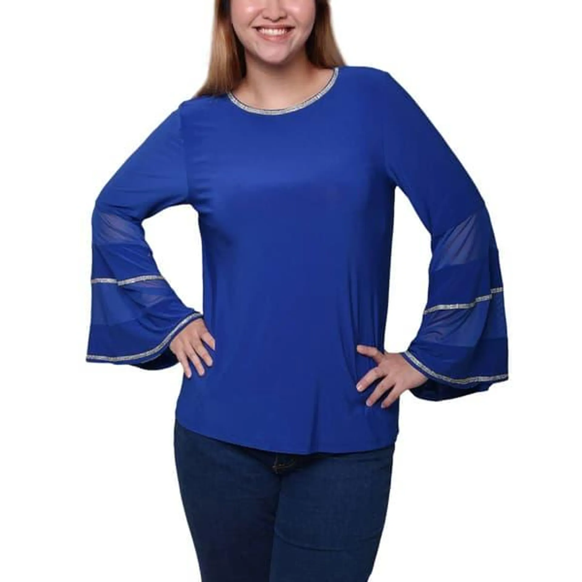 Plus Size NY Collection Flounce Sleeve Rhinestone Trim Blouse