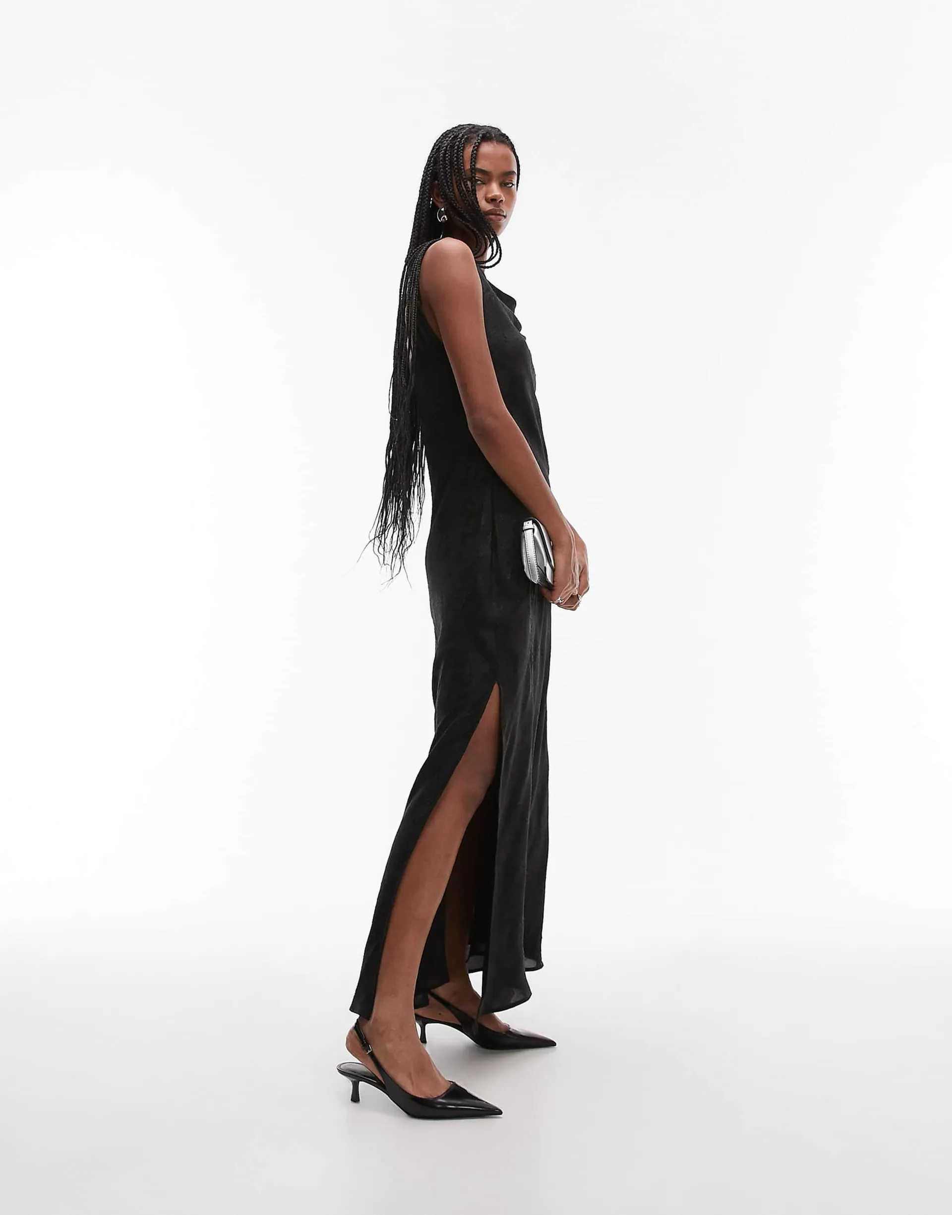 Topshop draped side maxi dress in black blownout jacquard