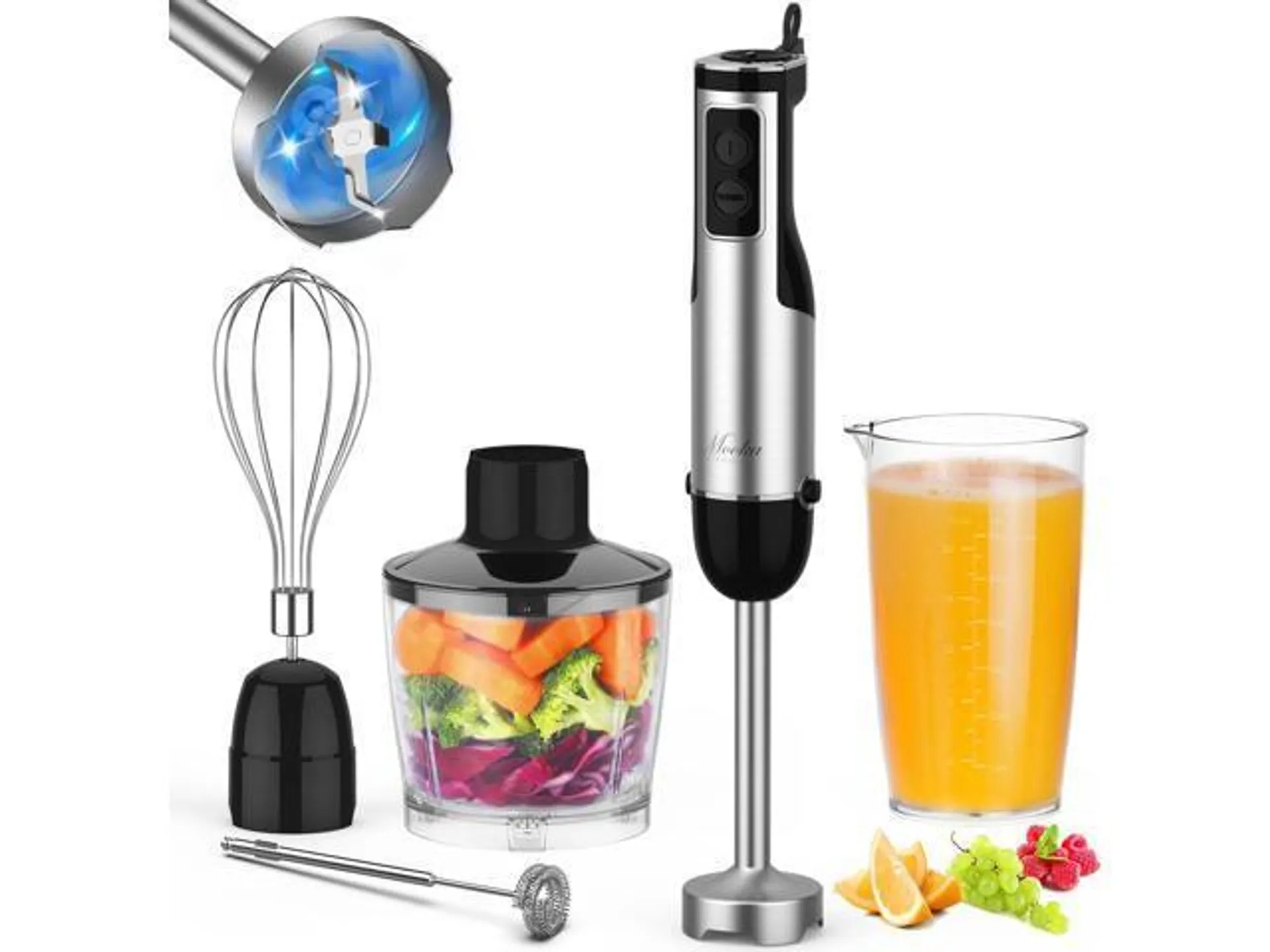 Immersion Blender Handheld, 1100W 5-in-1 Multi-Purpose Hand Blender, 12-Speed Stick Blender, 600ml Beaker, 500ml Chopper, Egg Whisk, Milk Frother, Black