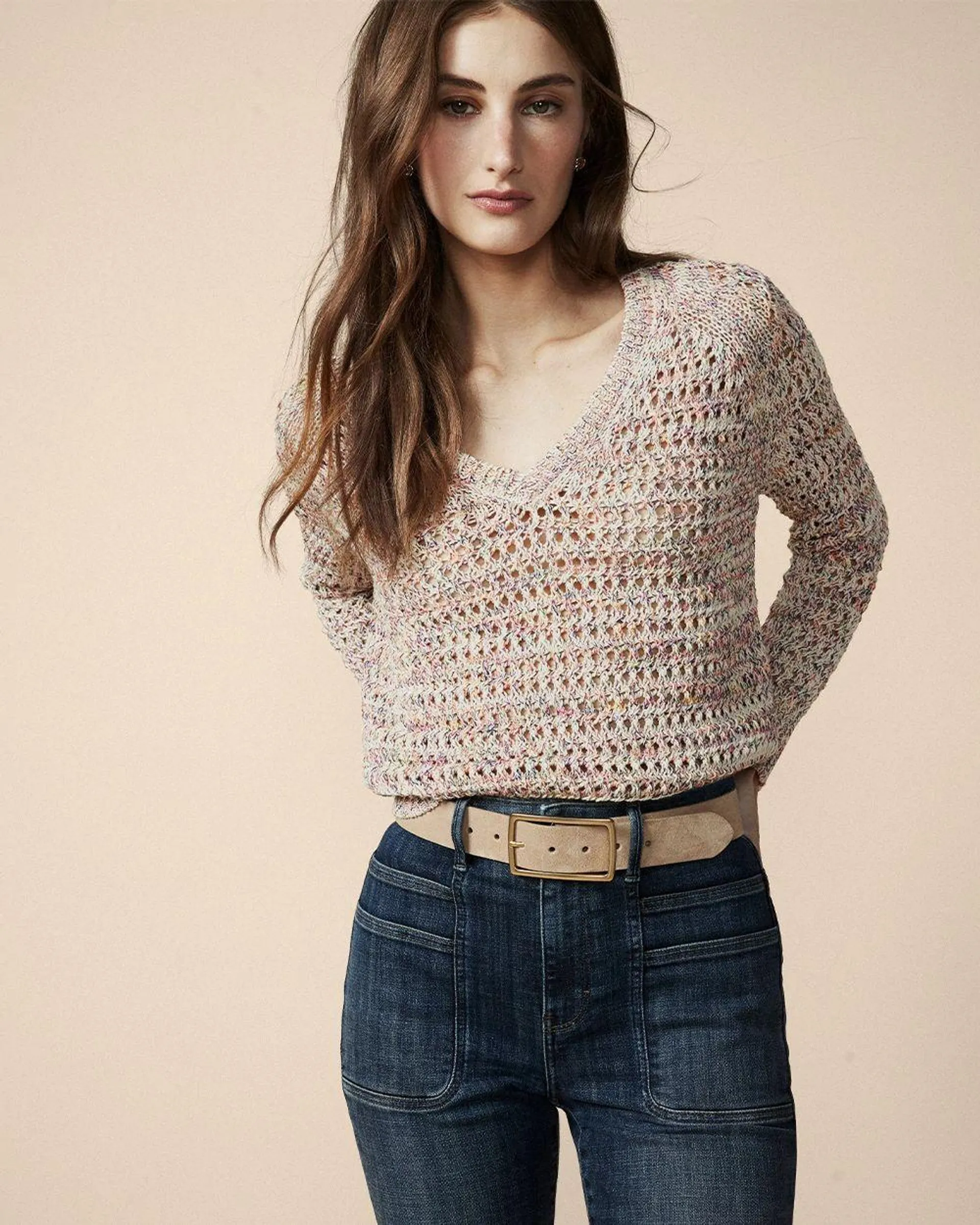 Multi-Colored Crochet V-Neck Sweater