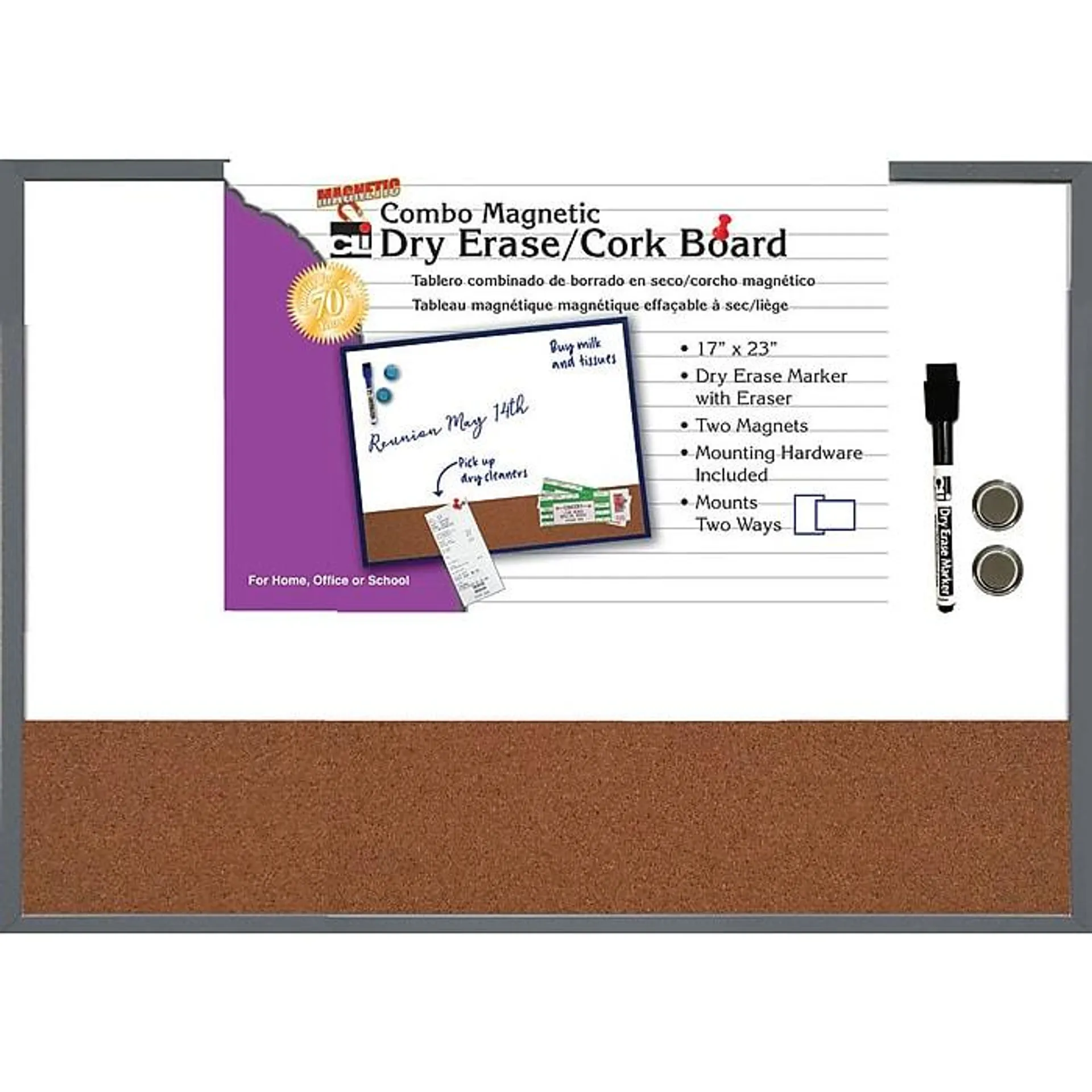 Charles Leonard Magnetic Dry Erase Whiteboard/Cork board ,Tin Frame,