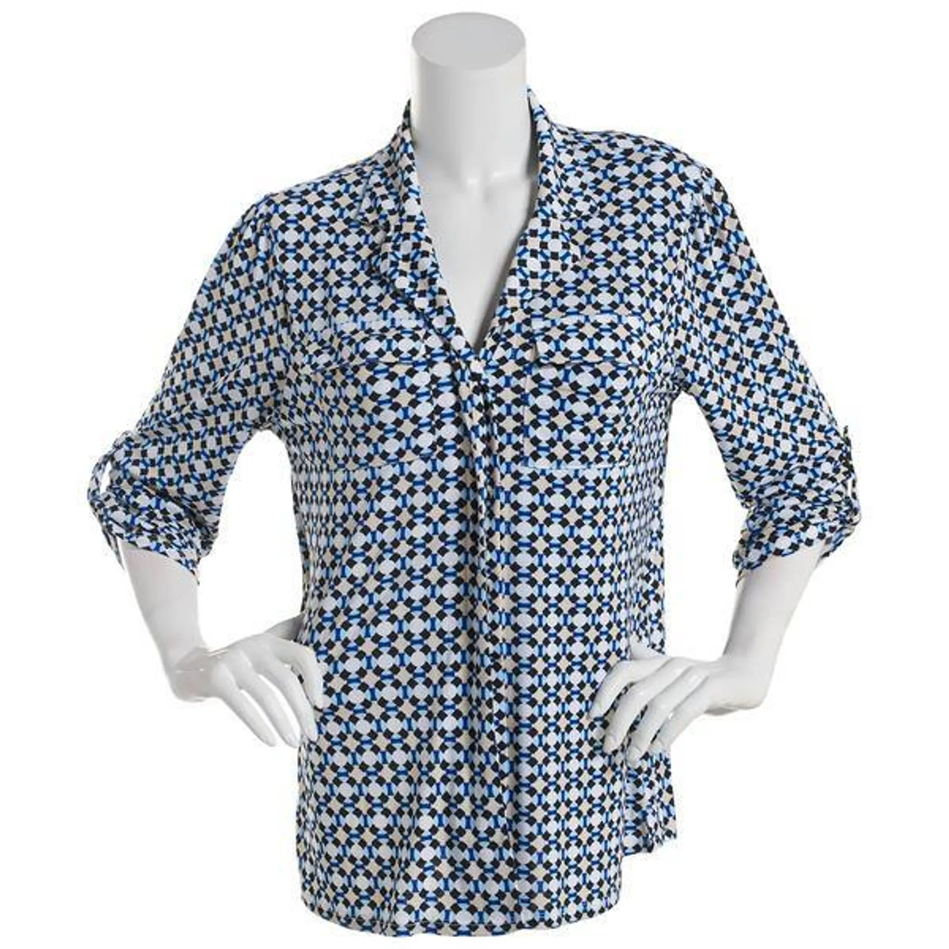 Womens Notations 3/4 Sleeve Geometric Casual Button Down