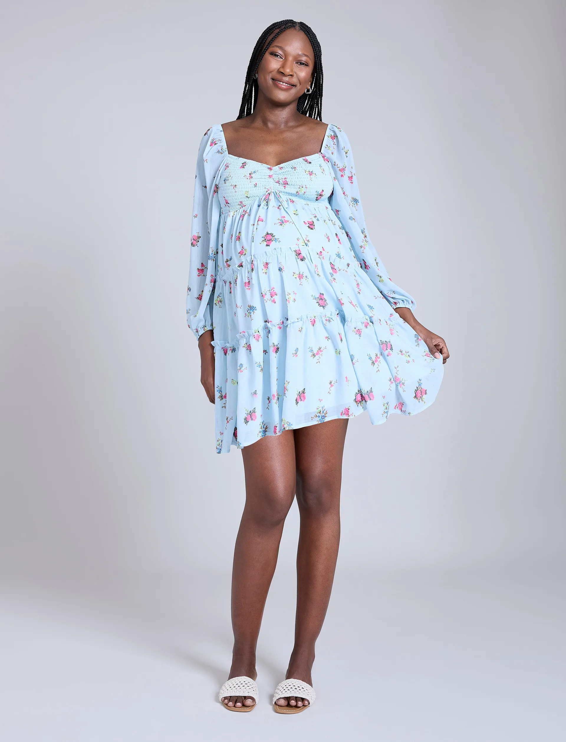 Long Sleeve Tie Tiered Dress