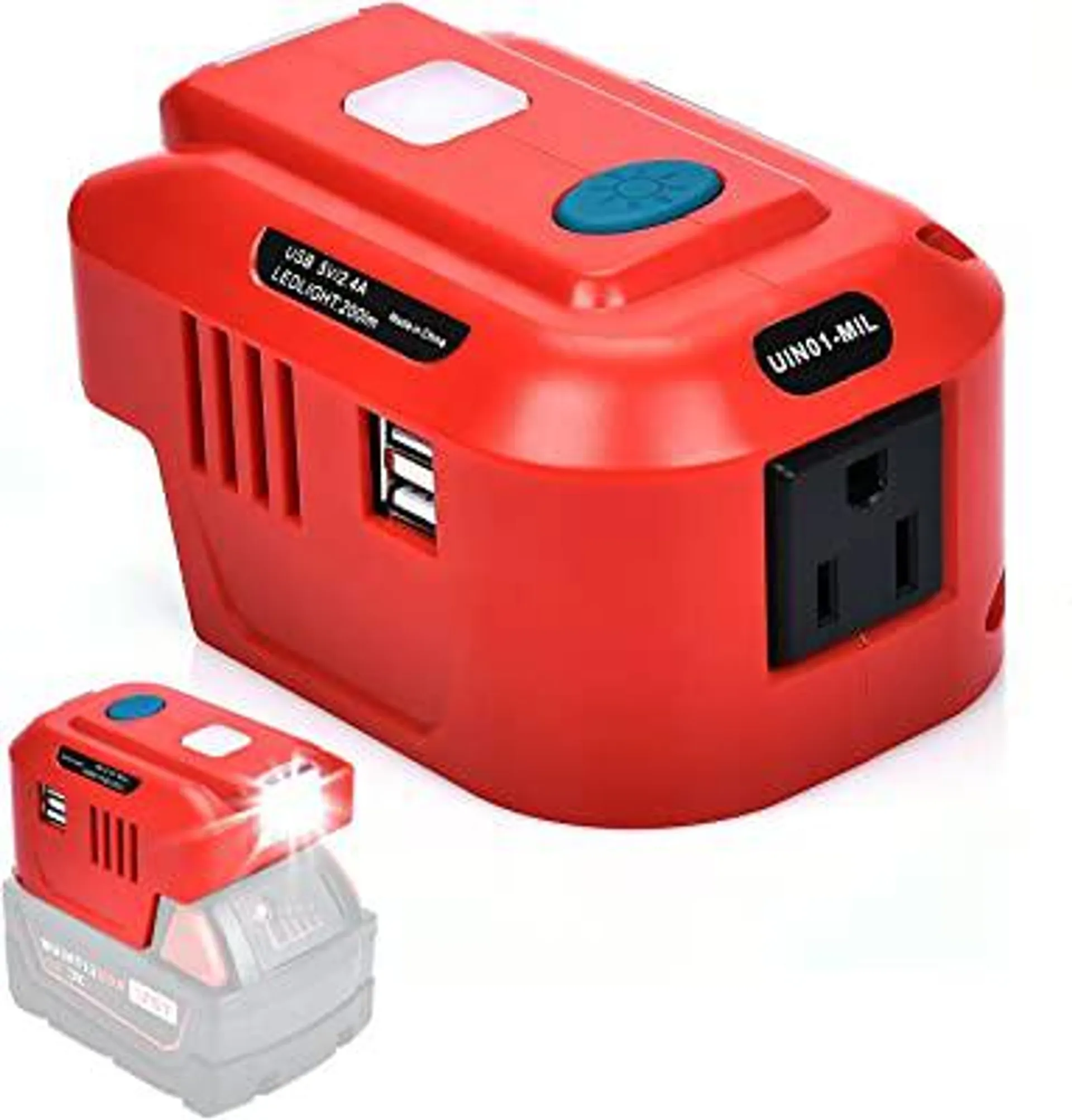 Fiihio 150W Portable Power Inverter Compatible with Milwaukee 18V Lithium Battery,with AC Outlet Dual USB and 200LM LED 18V DC to 120V AC for Tool Room,Garage,Camping etc(Batteries not Included)