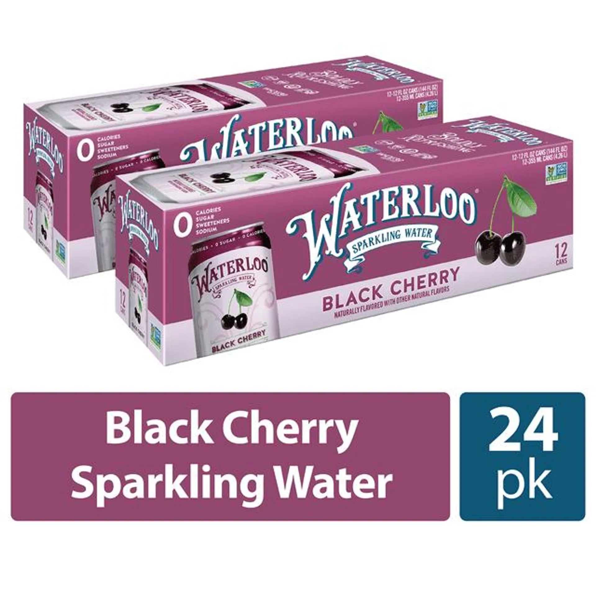 Waterloo Sparkling Water, Black Cherry, 12 fl oz, 24 Pack Cans