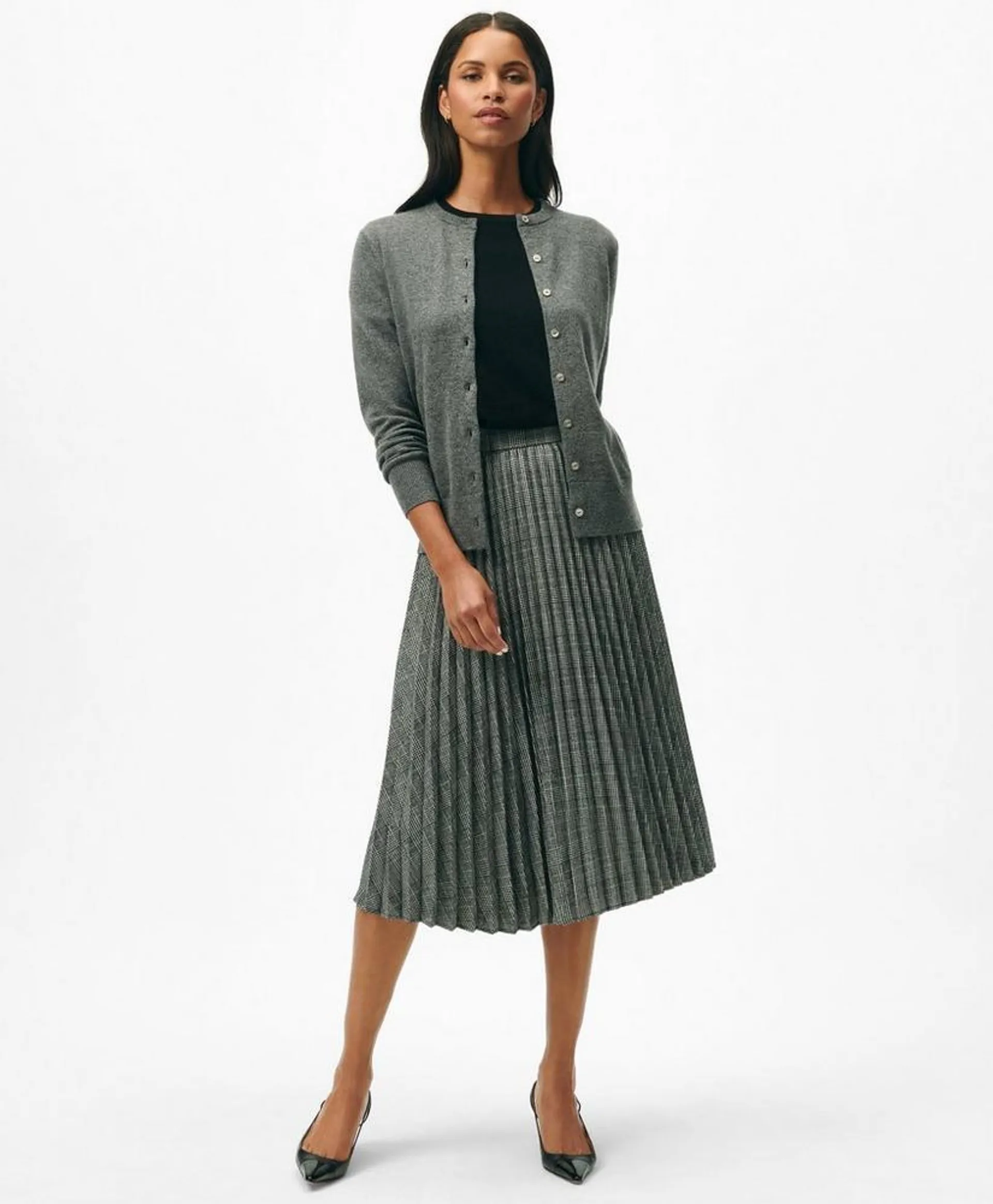 Pleated A-Line Skirt in Glen Plaid Wool Blend