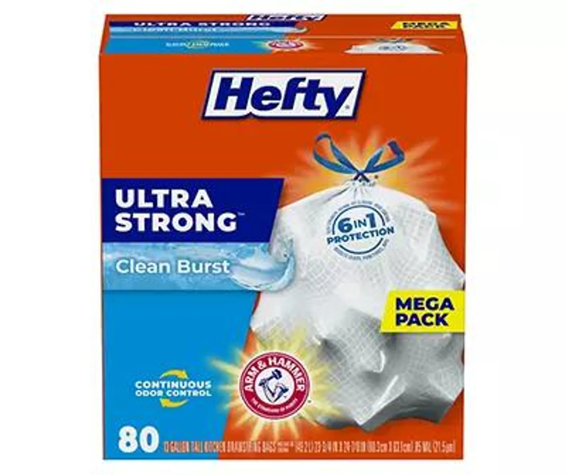 Hefty Ultra Strong 13 Gallon Tall Kitchen Drawstring 80ct Clean Burst Box