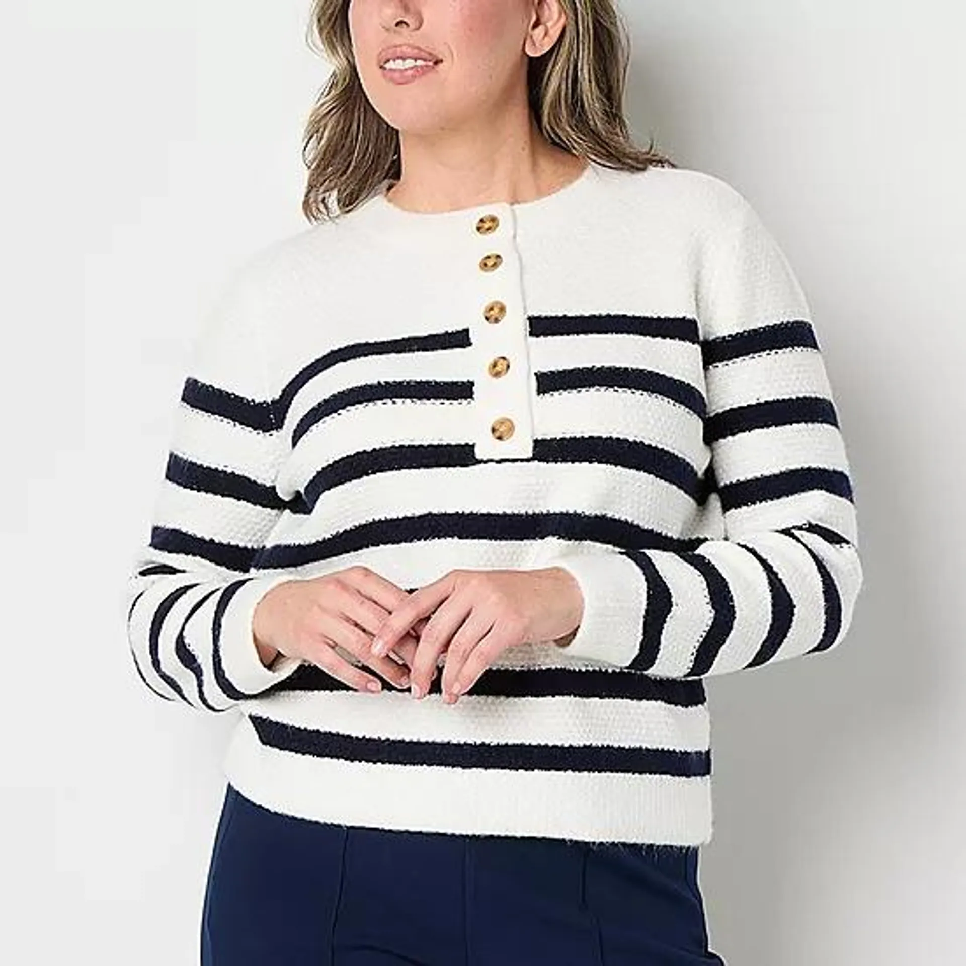 new! Liz Claiborne Womens Crew Neck Long Sleeve Striped Pullover Sweater