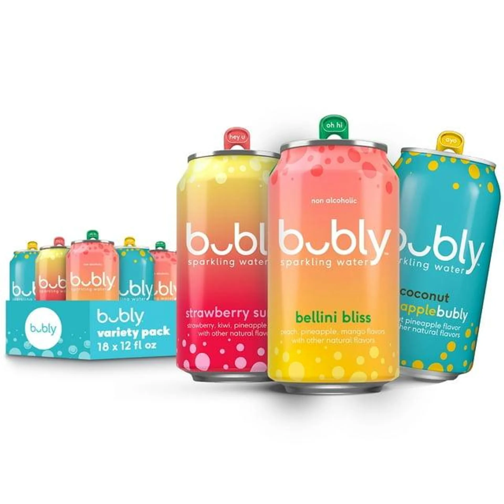 bubly Sparkling Water, Bellini, Strawberry Sunset and Coconut Variety Pack, 12oz can, 18 Multipack Cans