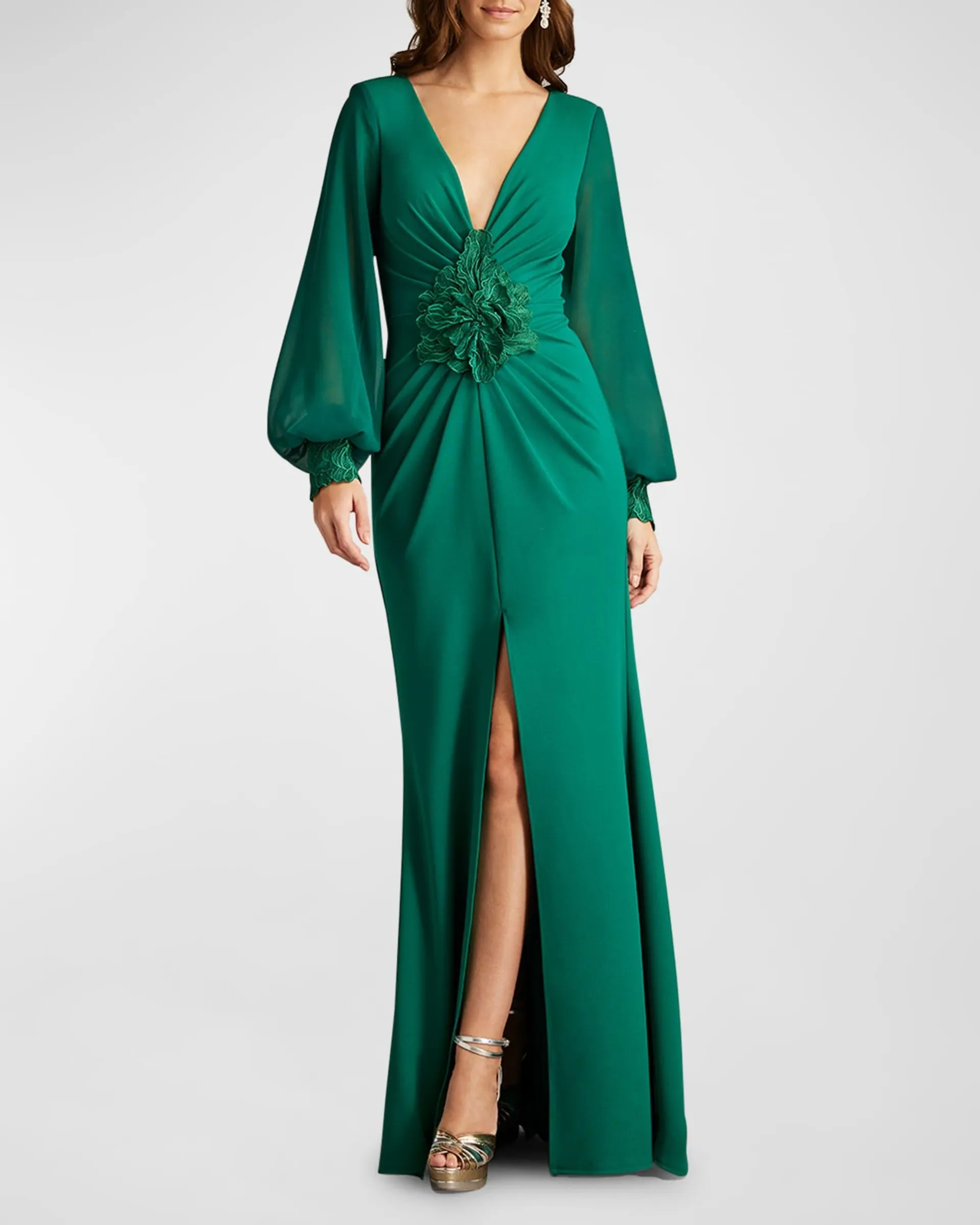 Pleated Front-Slit Crepe Gown