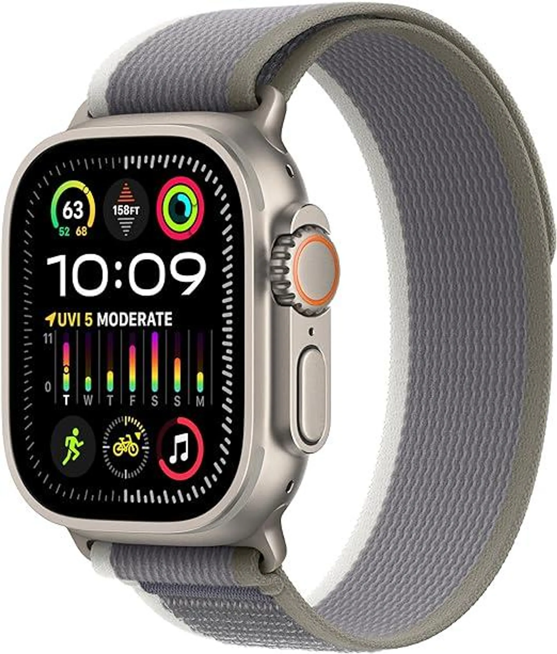 Apple Watch Ultra 2 [GPS + Cellular 49mm] Smartwatch with Rugged Titanium Case & Green/Grey Trail Loop S/M. Fitness Tracker, Precision GPS, Action Button, Extra-Long Battery Life, Carbon Neutral