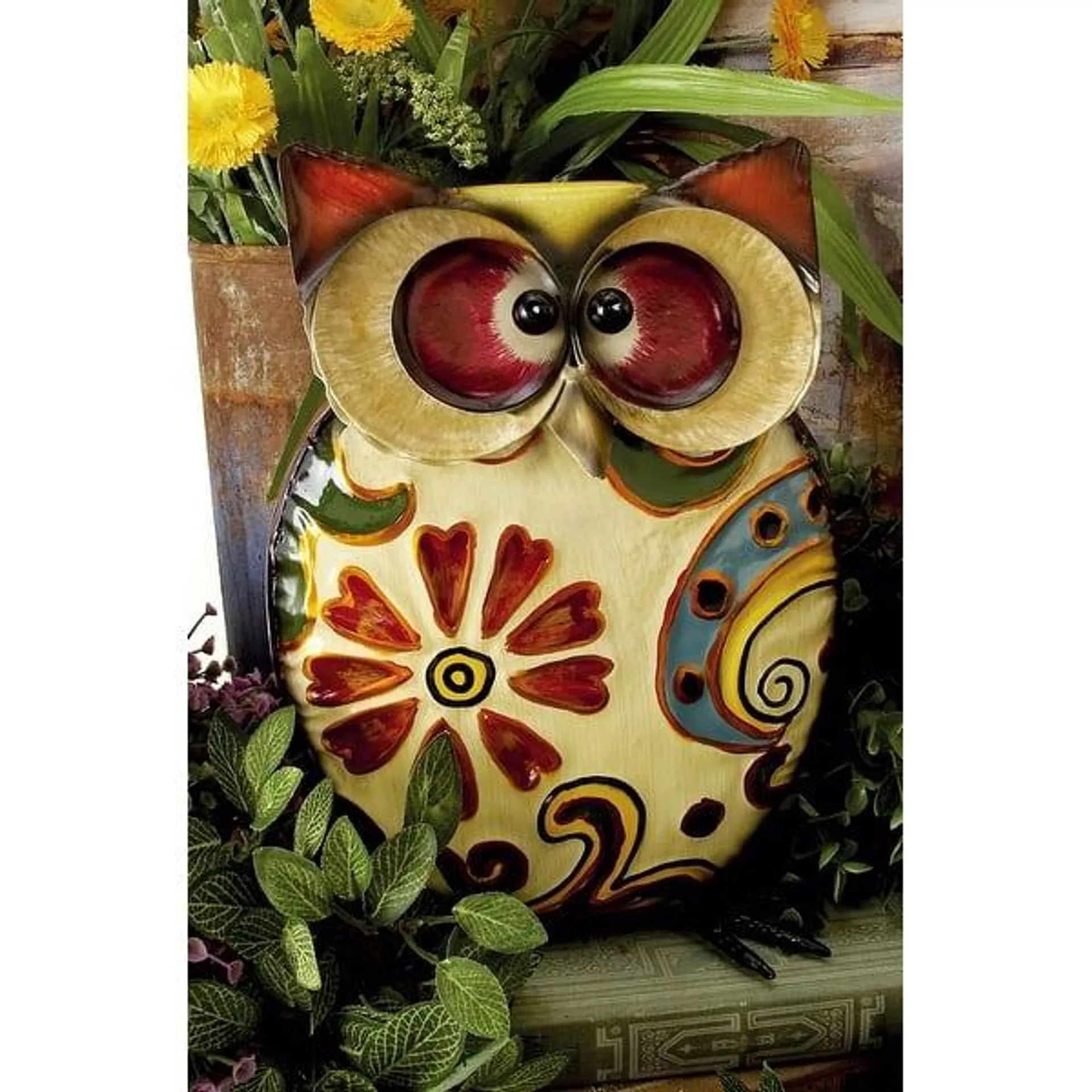 Yellow Metal Indoor Outdoor Owl Decorative Garden Sculpture with Floral Pattern