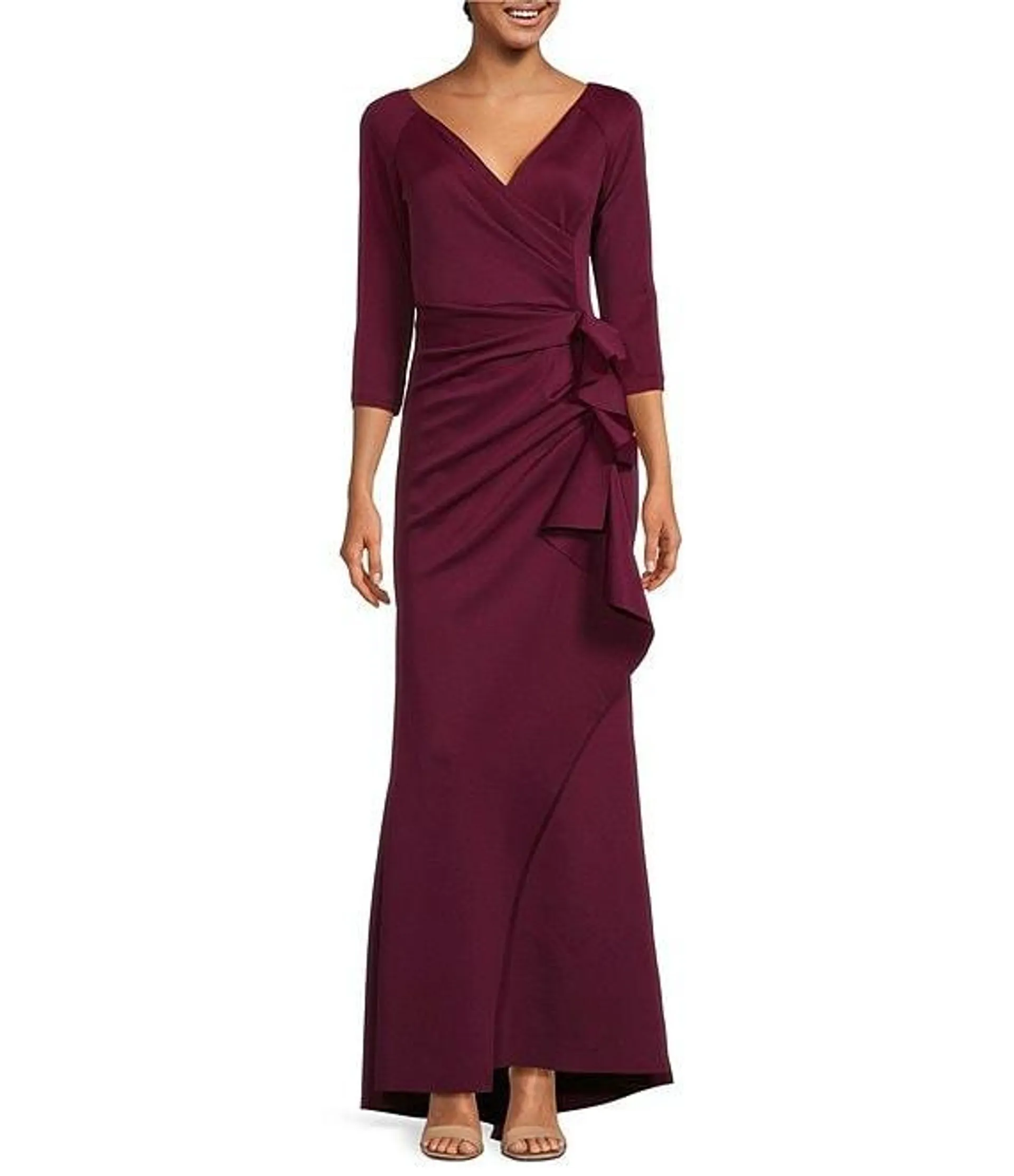 Stretch V-Neck 3/4 Sleeve Pleated Draped Gown