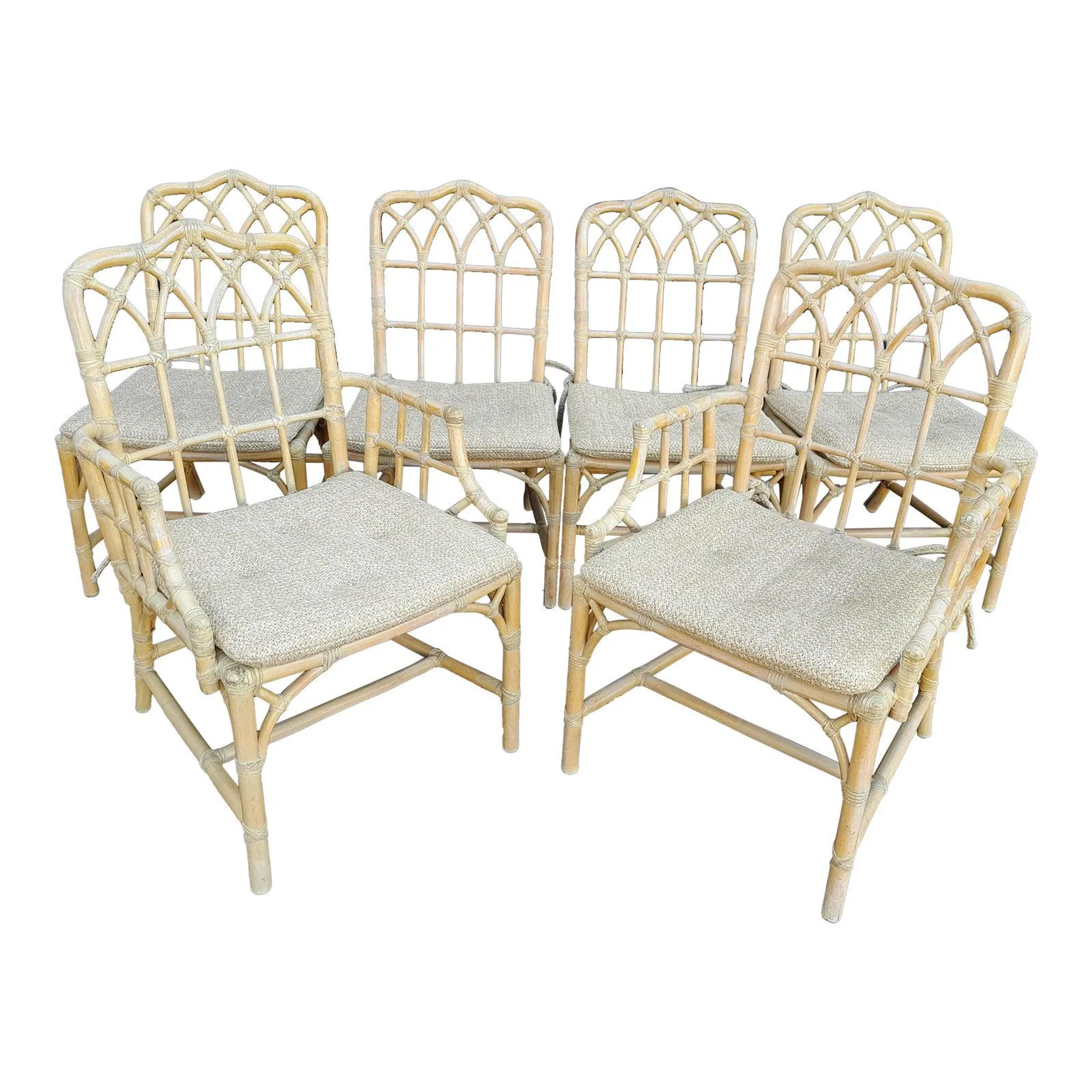 1980s Set of 6 McGuire Organic Modern Cathedral Back Rattan Dining Chairs