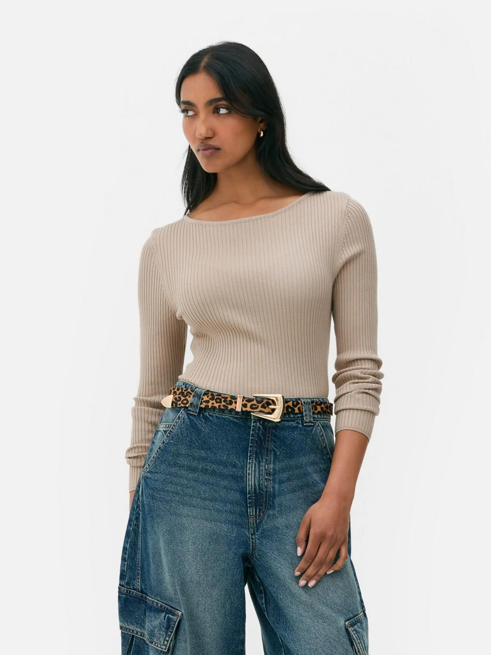 Ribbed Slash Neck Sweater