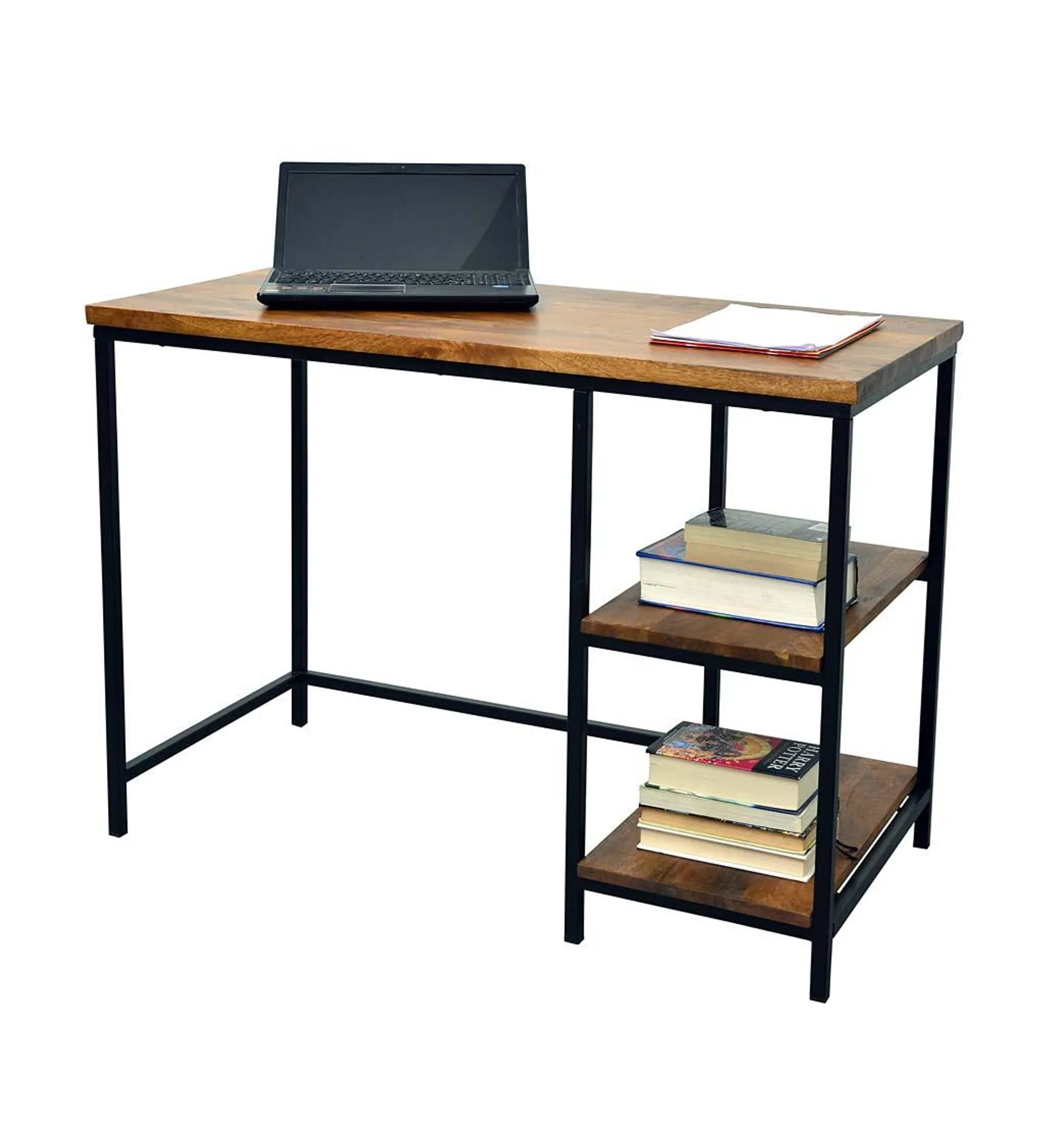 Industrial-Style Wood and Metal Desk with Shelves - Chestnut