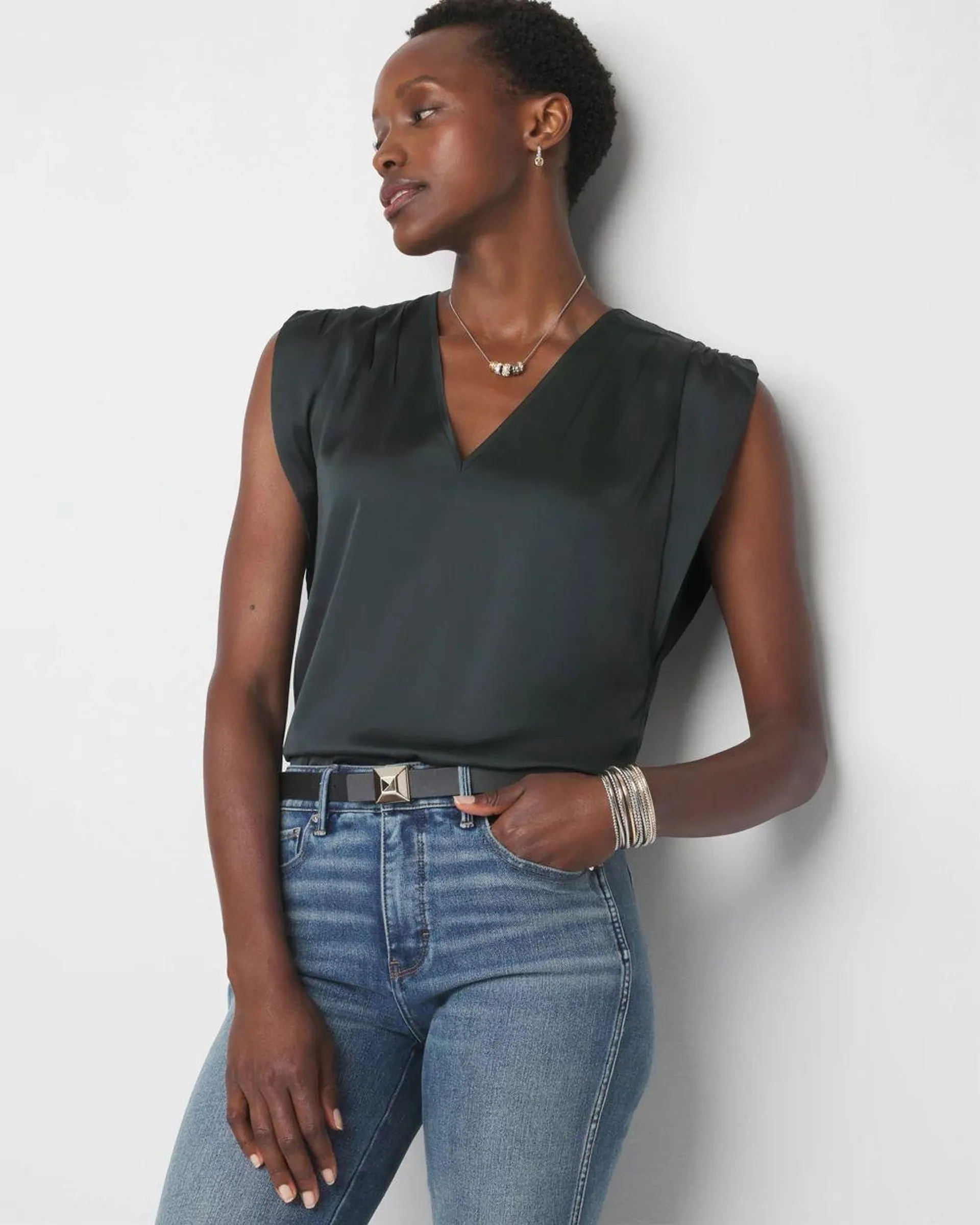 V-neck Ruched Shoulder Shell Top