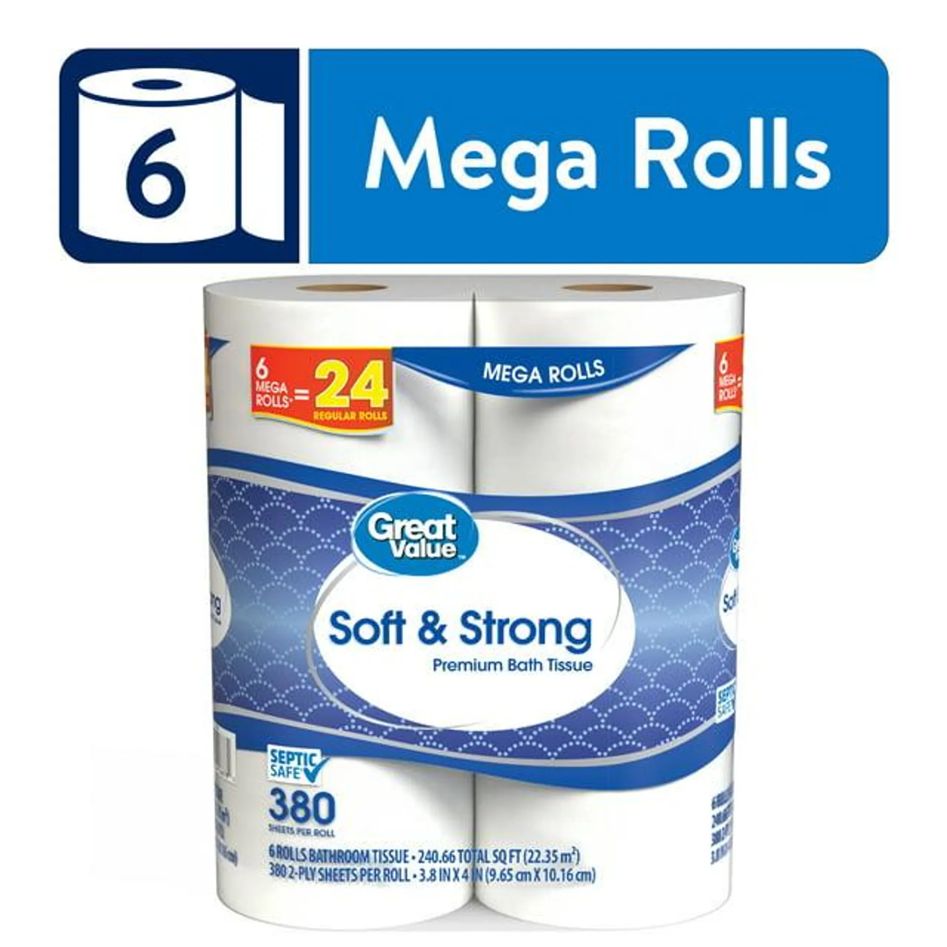 Great Value Soft & Strong Premium Toilet Paper, 6 Mega Rolls