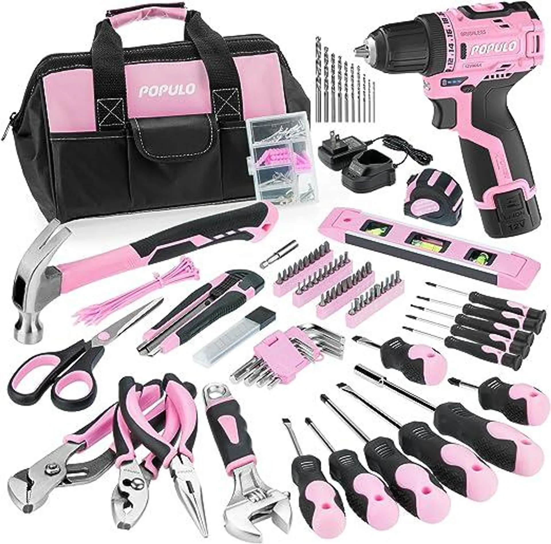 POPULO Pink Home Tool Kit 236-Piece with Brushless 12V 2000mAh Cordless Drill Driver, Lady's Basic Tool Set with 12-Inch Pink Tool Bag, Power Drill Sets Combo Kit for Women, House, DIY