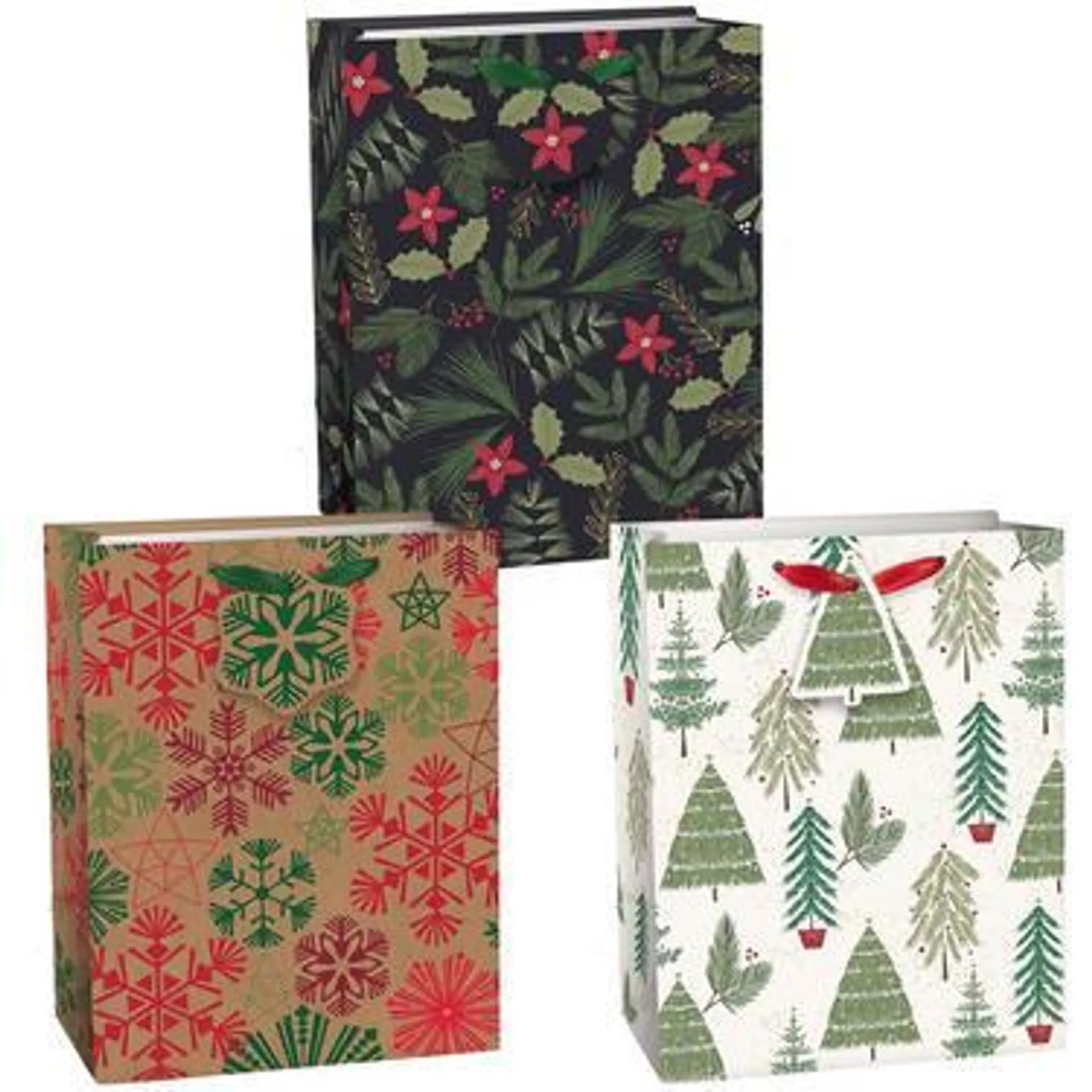 Evergreen, Tree & Snowflake Paper Gift Bag Set, 3pc