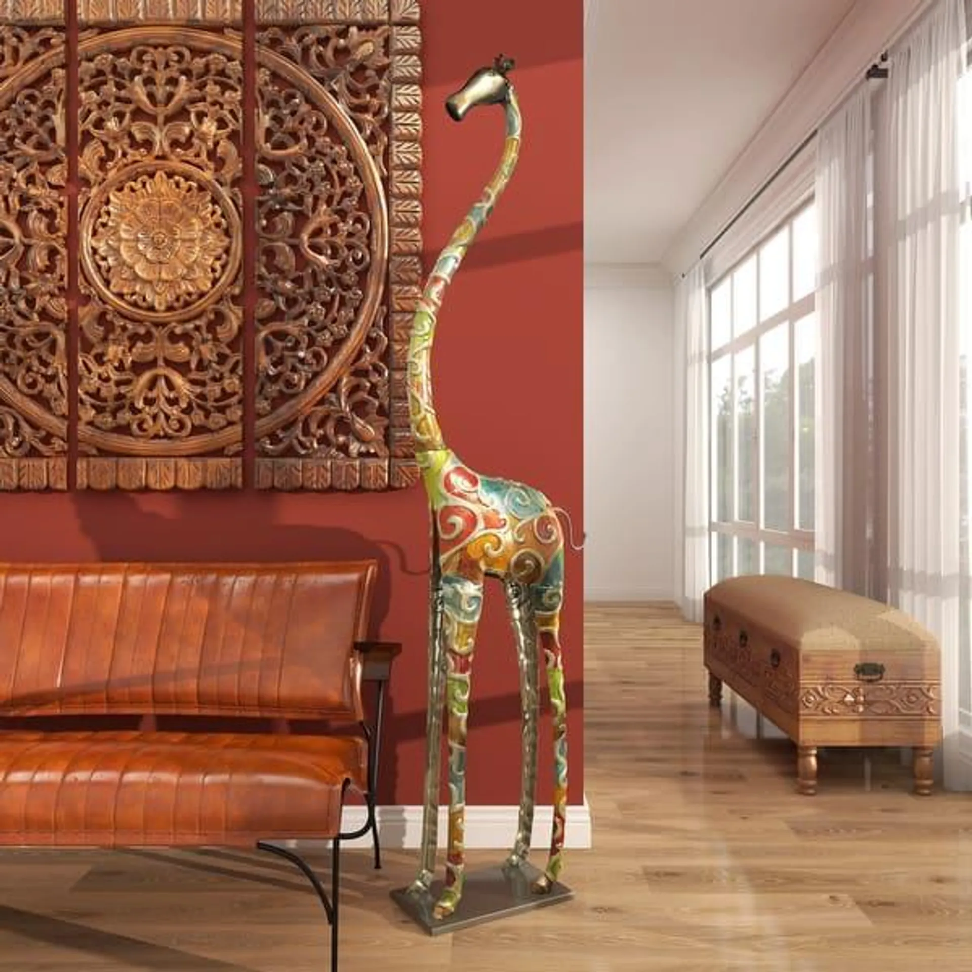 Large Modern Eclectic Multicolor Giraffe Zebra and Elephant Safari Sculptures Collection