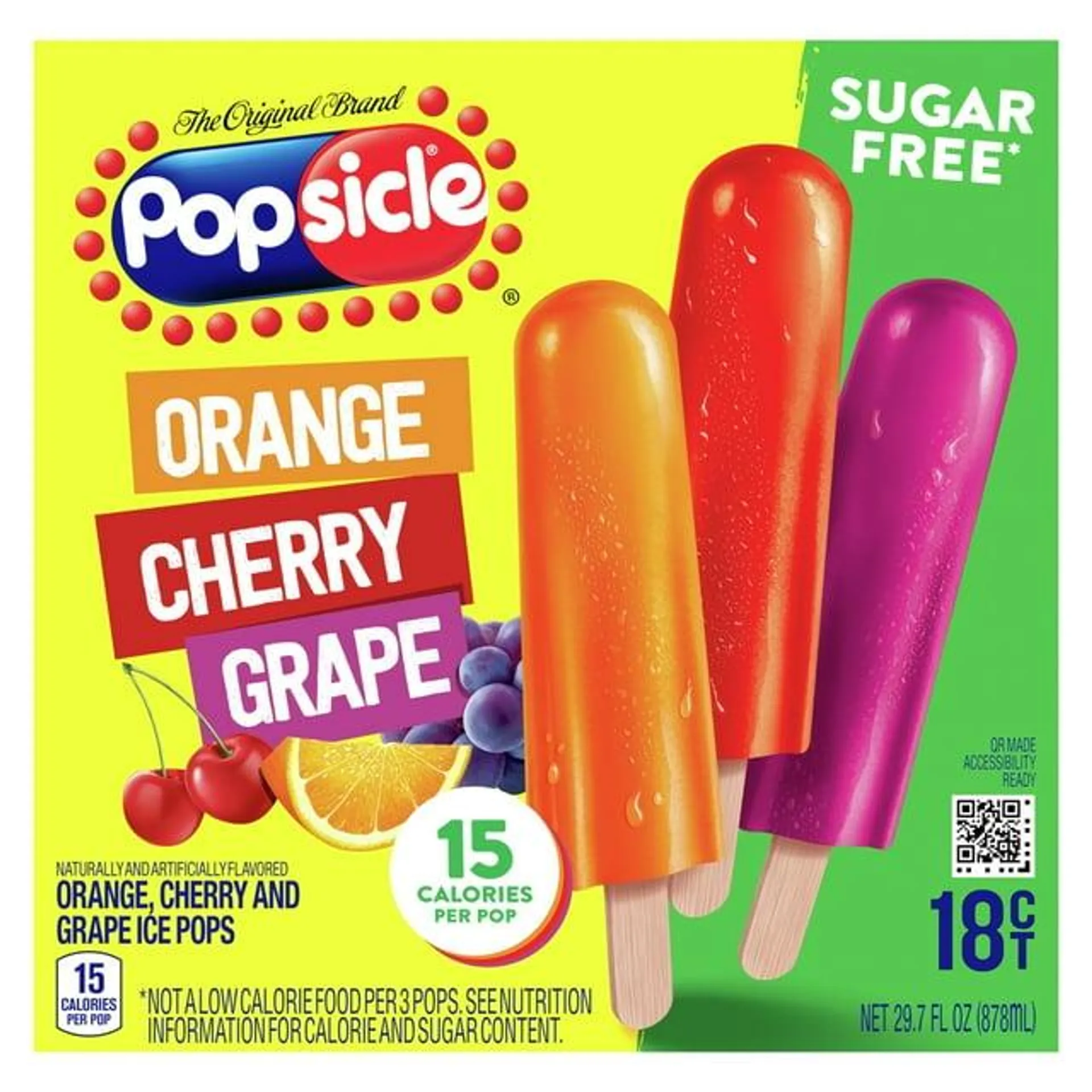 Popsicle Sugar Free Orange Cherry and Grape Fruit Flavored Popsicle Ice Pops, 18 Count Box