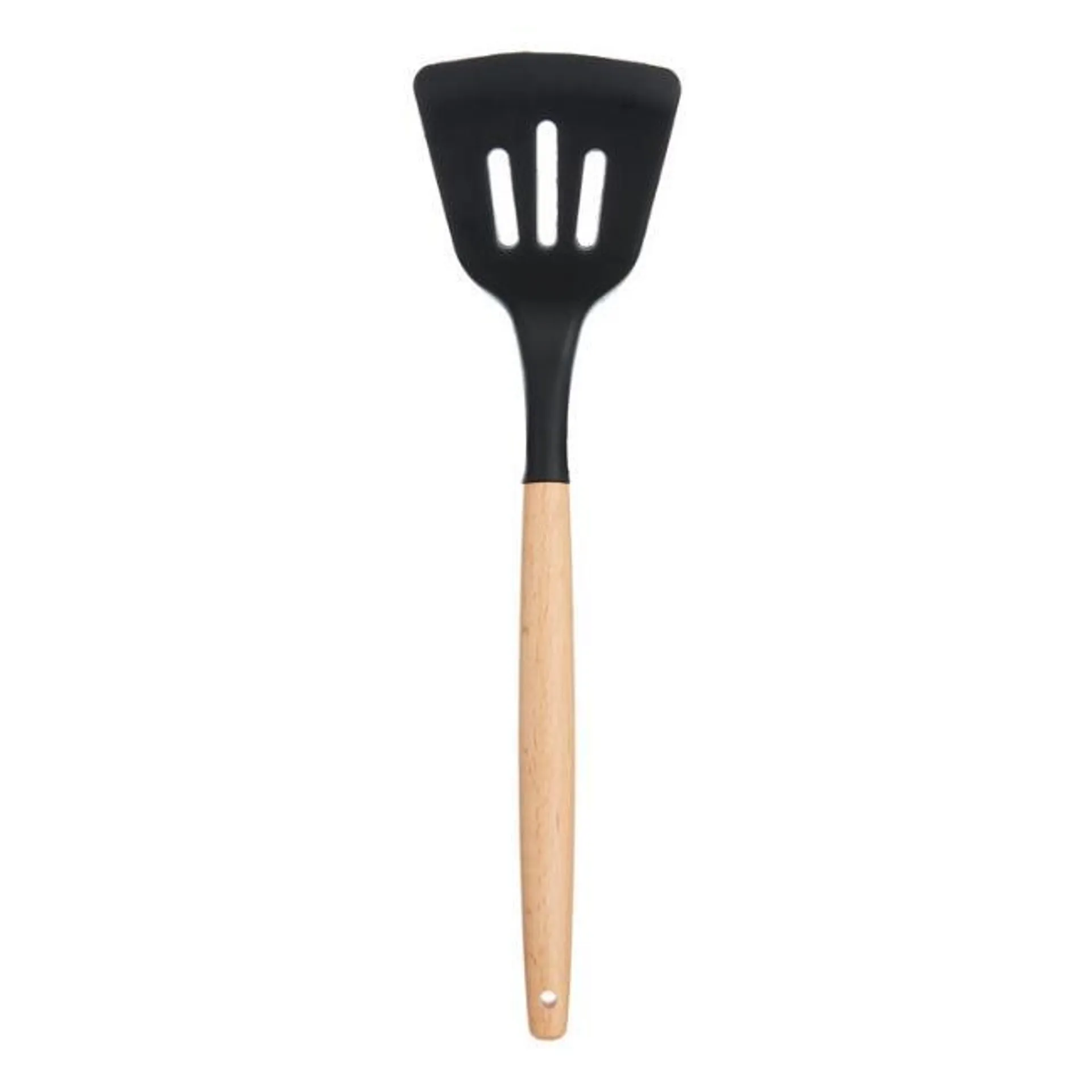 Black Silicone Slotted Turner With Wood Handle