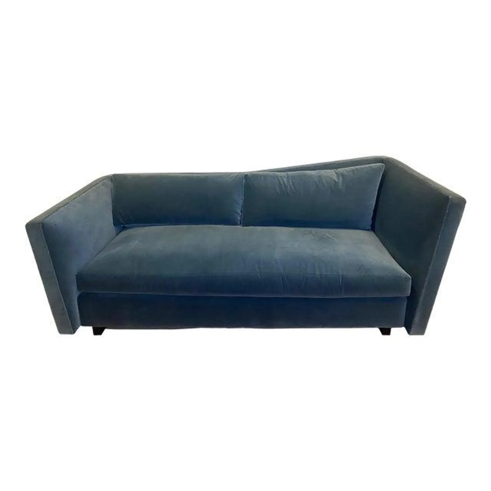 Custom Mid Century Modern Style Oak & Blue Velvet Asymmetric Frame Curved Low Profile Sofa