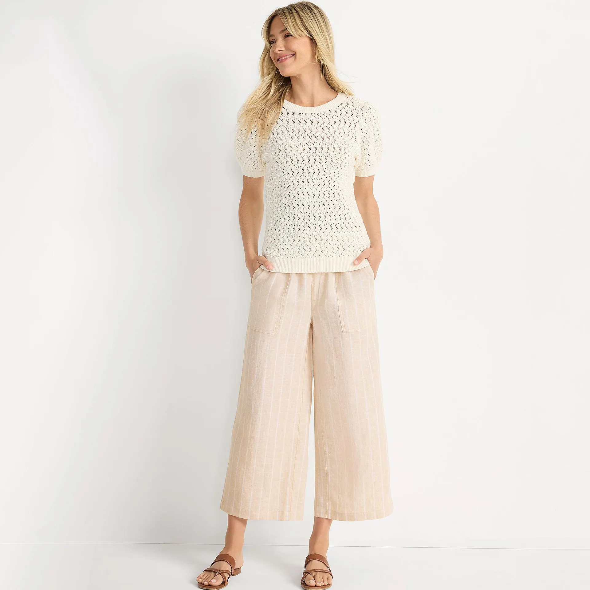 Women's High Rise Drawstring Linen Wide Leg Crop Pants
