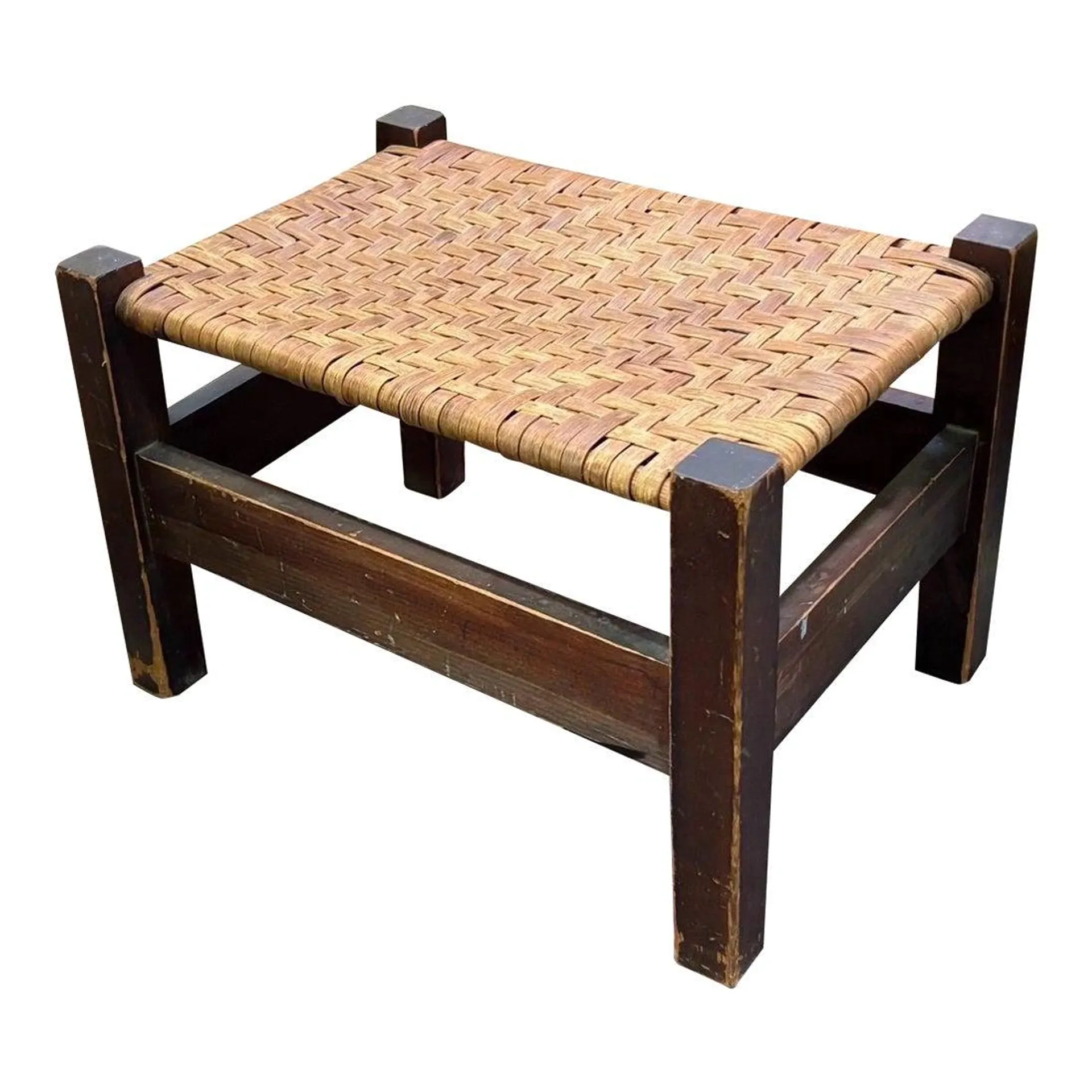 Antique Rush Seat Wood Foot Stool, Small Bench