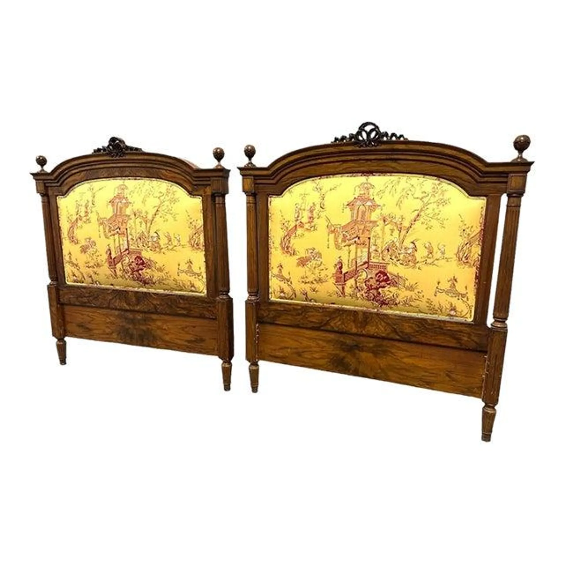 New Schumacher ‘Chinois’ Upholstery on Pair of Vintage Louis XVI Burled Walnut Twin Headboards