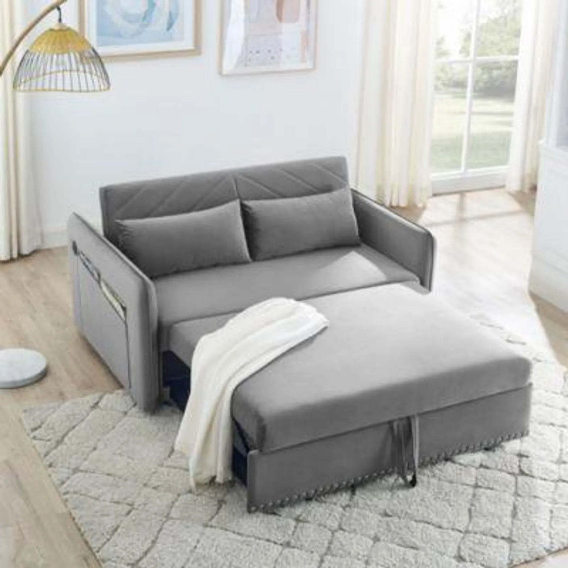 Streamdale Furniture Pull-Out Sofa Sleeper, 3-In-1 Adjustable Sleeper With Pull-Out Bed, 2 Lumbar Pillows And Side