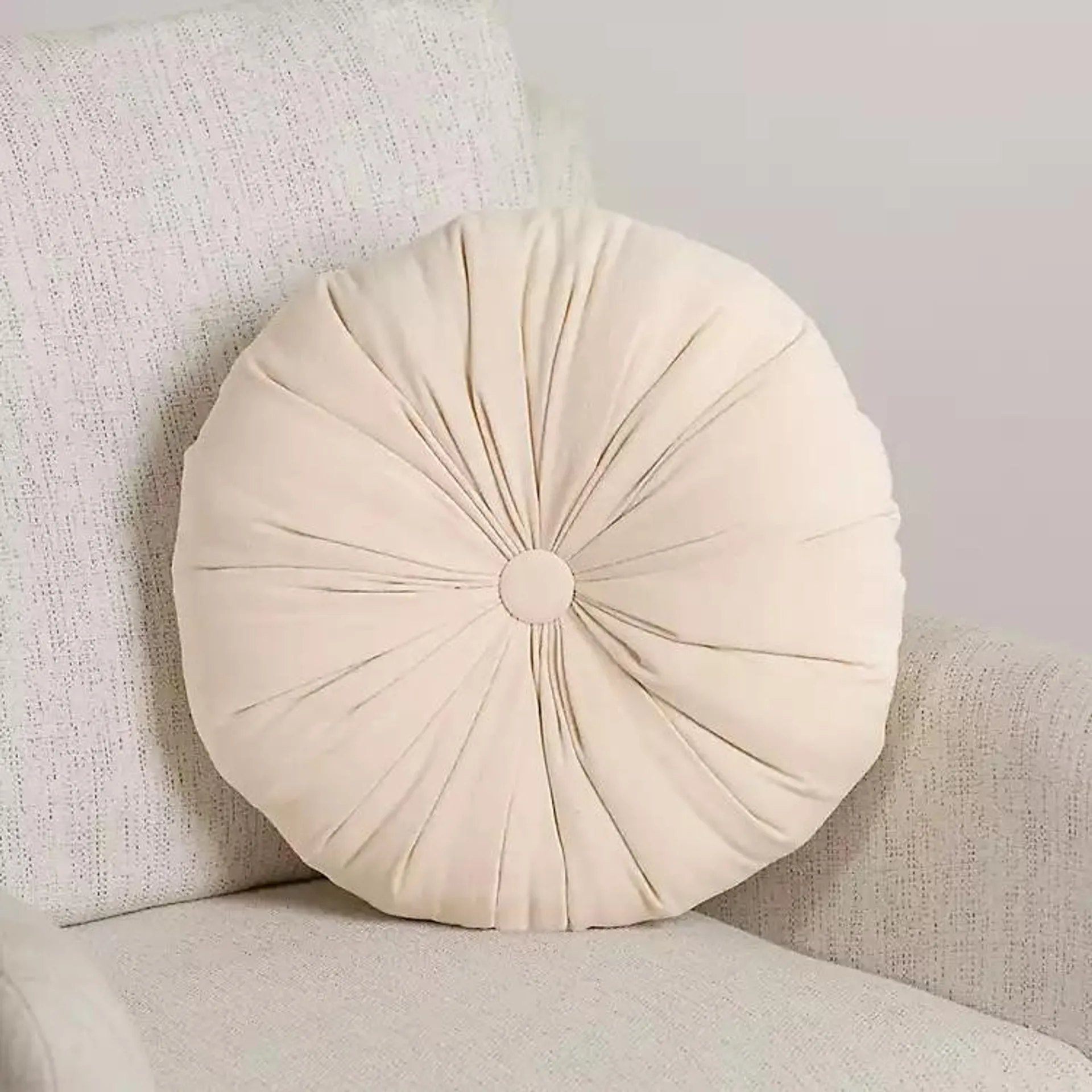 Round Ivory Velvet Tufted Pillow