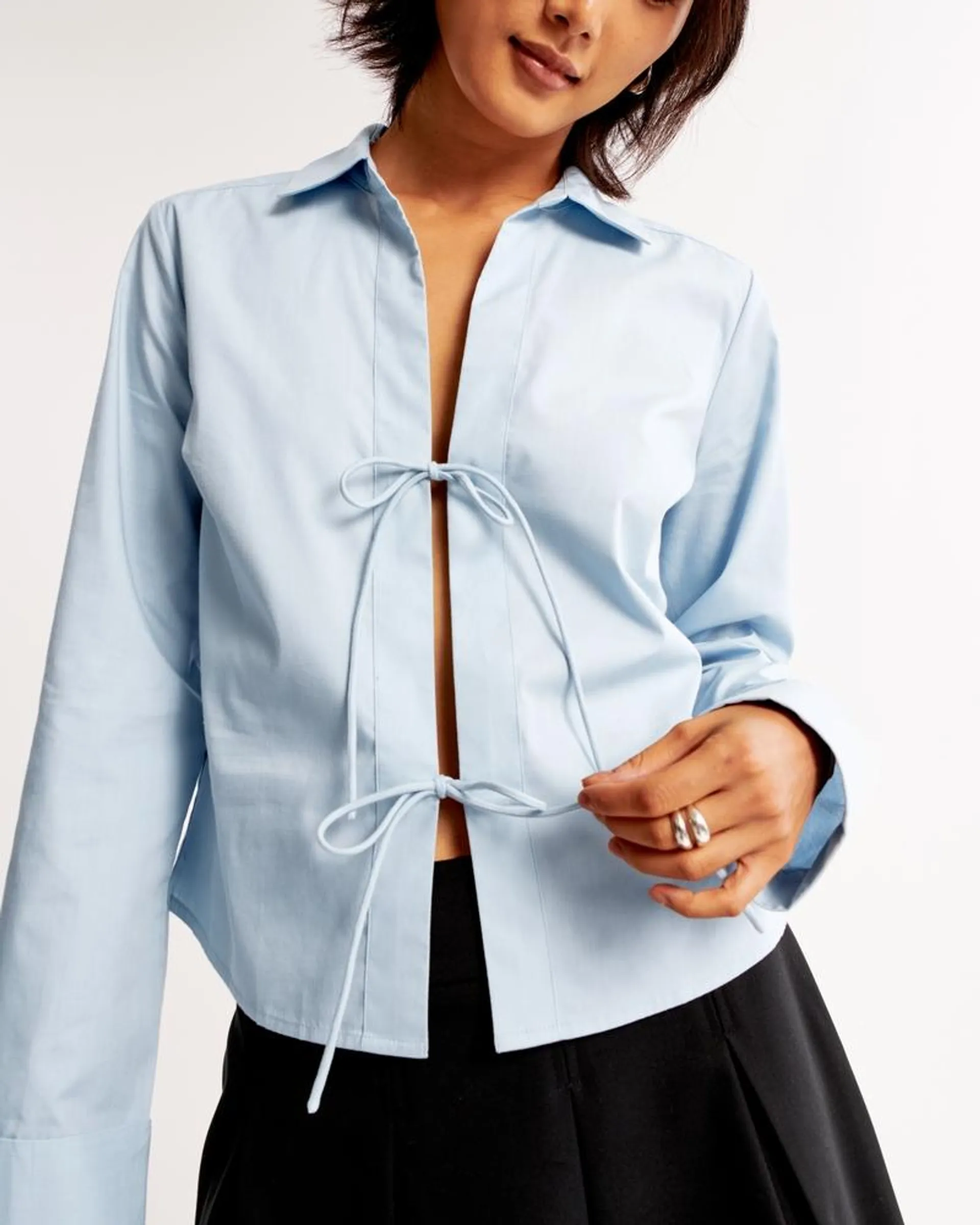 Long-Sleeve Poplin Tie-Front Shirt