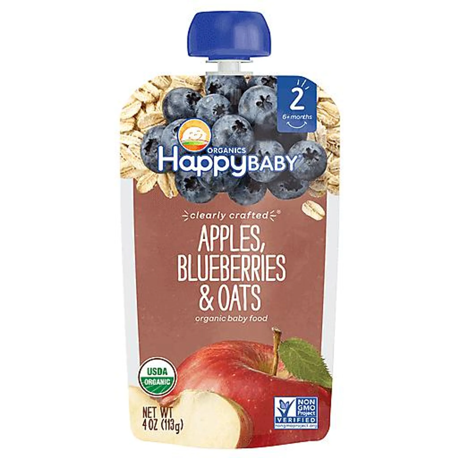 Happy Baby Organics Non-GMO Apples Blueberries &amp; Oats Stage 2 Baby Food 4 oz bag