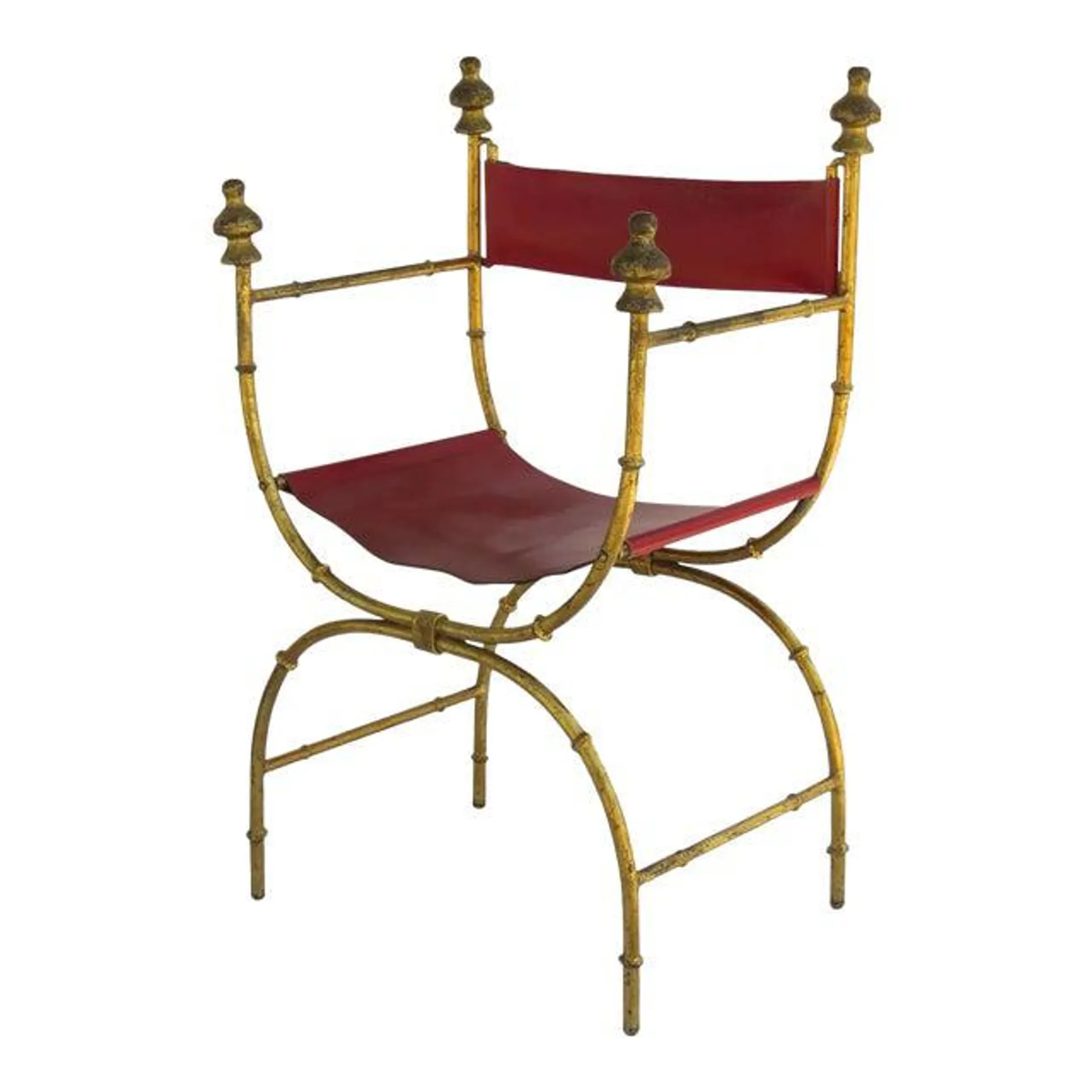 Hollywood Regency Sling X Frame Arm Chair with Wood Gilt Finials