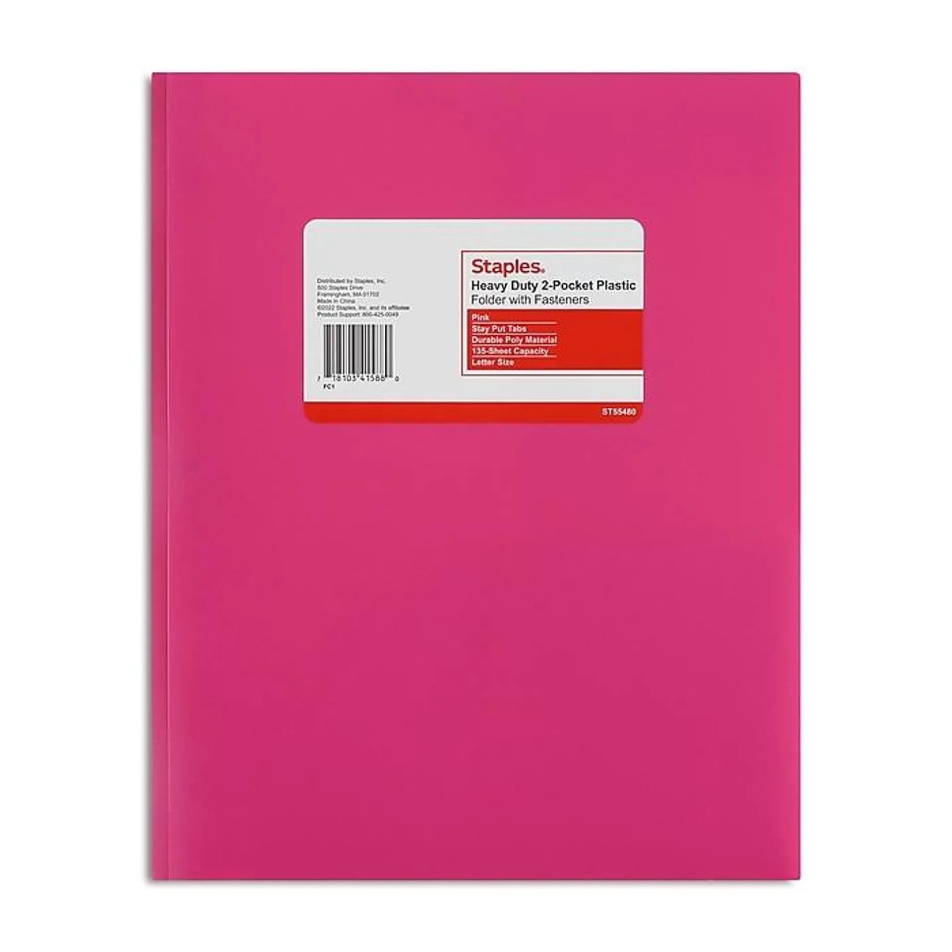 Staples Matte 2-Pocket Plastic Portfolio Folder with Fasteners, Pink (55480)