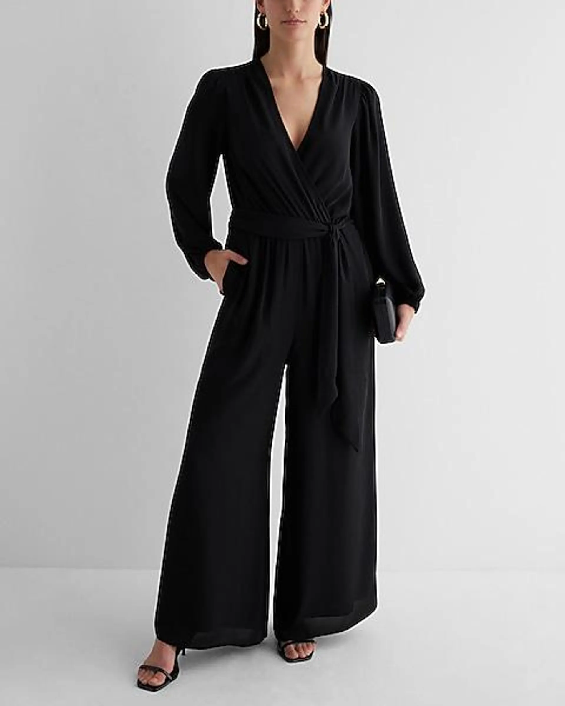 V-Neck Surplice Tie Waist Wide Leg Jumpsuit