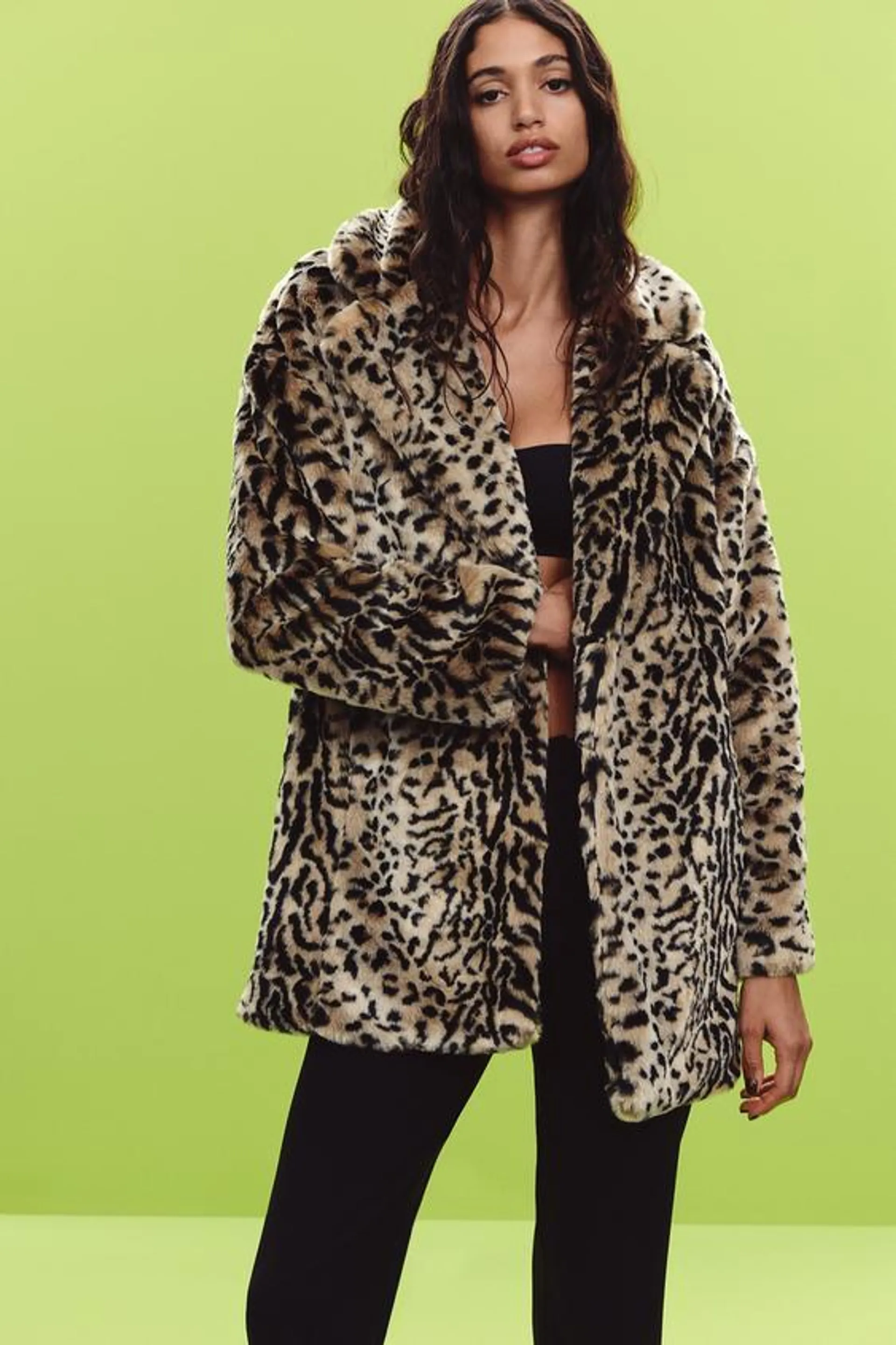 FAUX FUR ANIMAL PRINT COAT